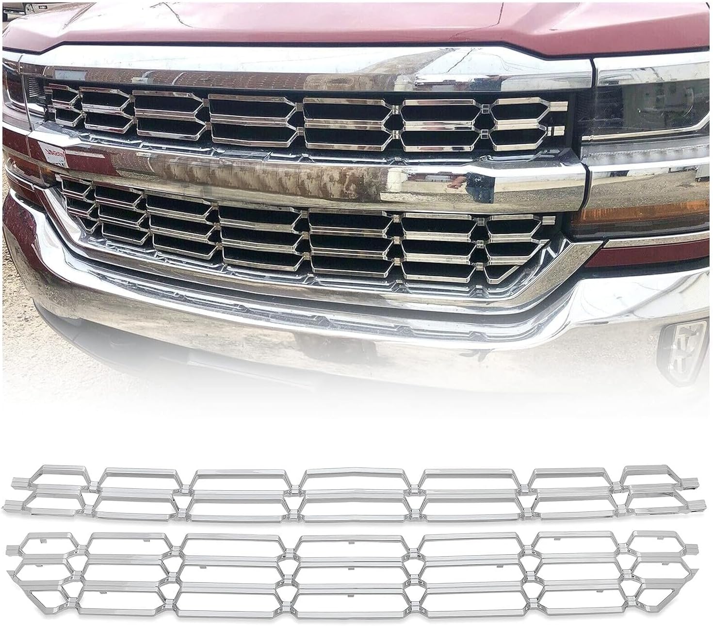 KUAFU Grille Overlay Cover Inserts Compatible with 2016-2018 Chevy Chevrolet Silverado 1500 Front Bumper Upper Grille Cover Overlay Guard Chrome Silver