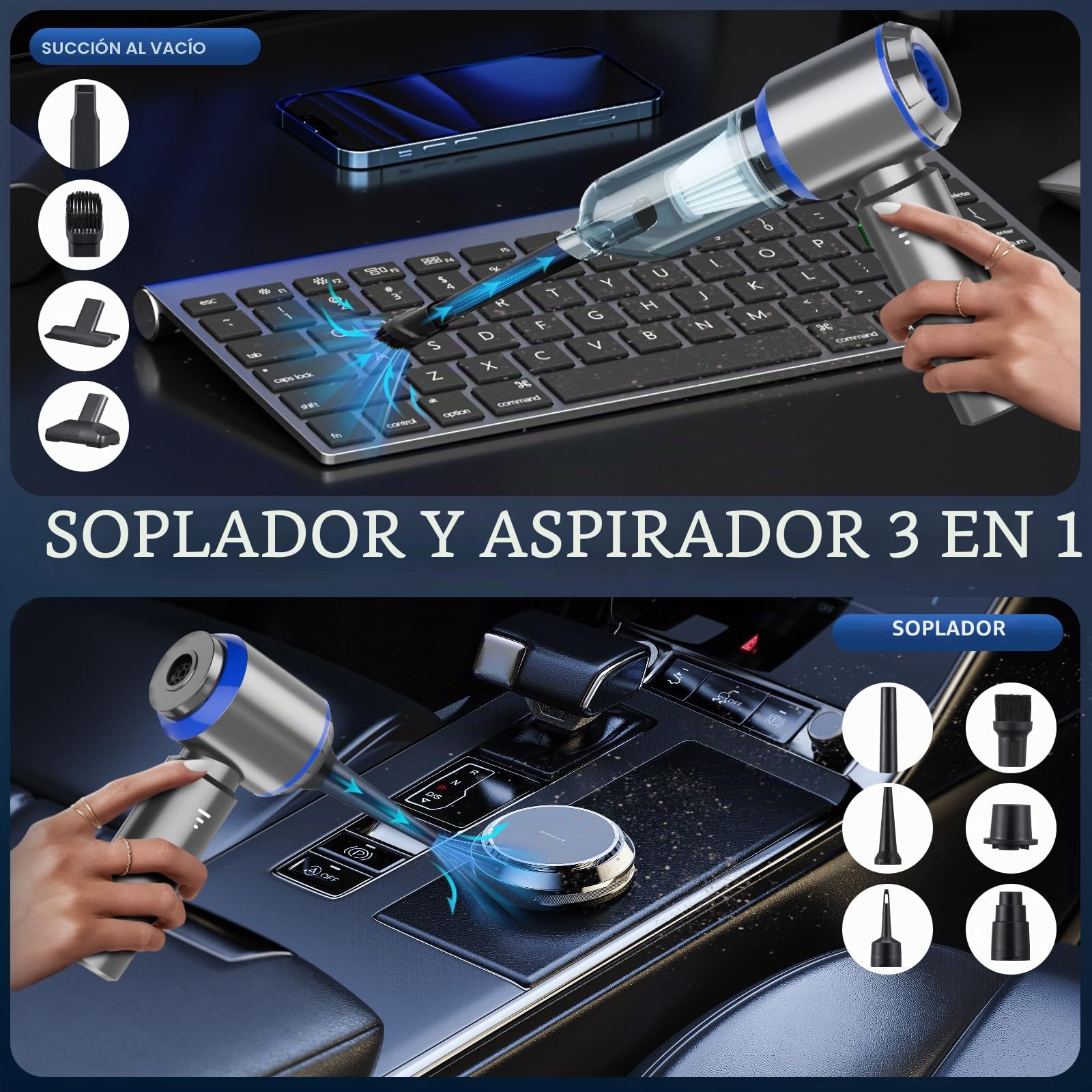 Aspirador inalámbrico de Mano, Aspirador 3 en 1, 18000PA Potente, 3 velocidades 200000 RPM, Mini aspiradora para Coche, Cocina, PC, sofá, Oficina, maiso