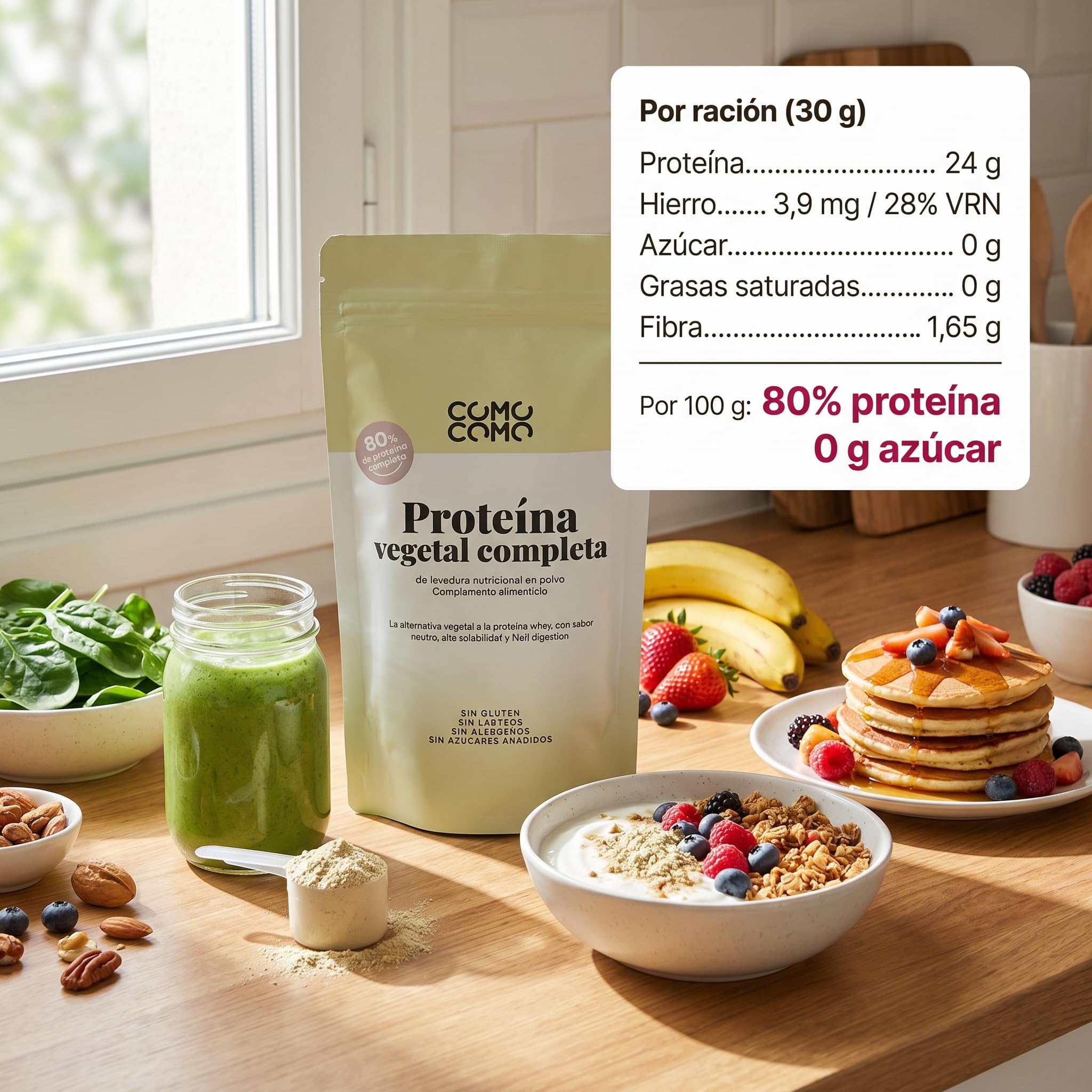 Proteína de Levadura Nutricional Completa 1 kg | 80% Proteína | Sin Sabor | Proteína Vegana de Como Como Foods | Sin Edulcorantes | 9 Aminoácidos Esenciales | Sin Gluten