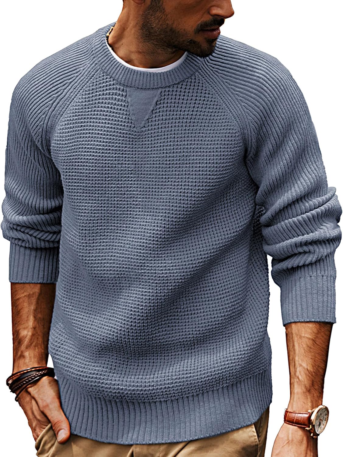 PJ PAUL JONES Mens Crewneck Sweater Waffle Knitted Pullover Sweaters Raglan Sleeve Knitwear Sweaters