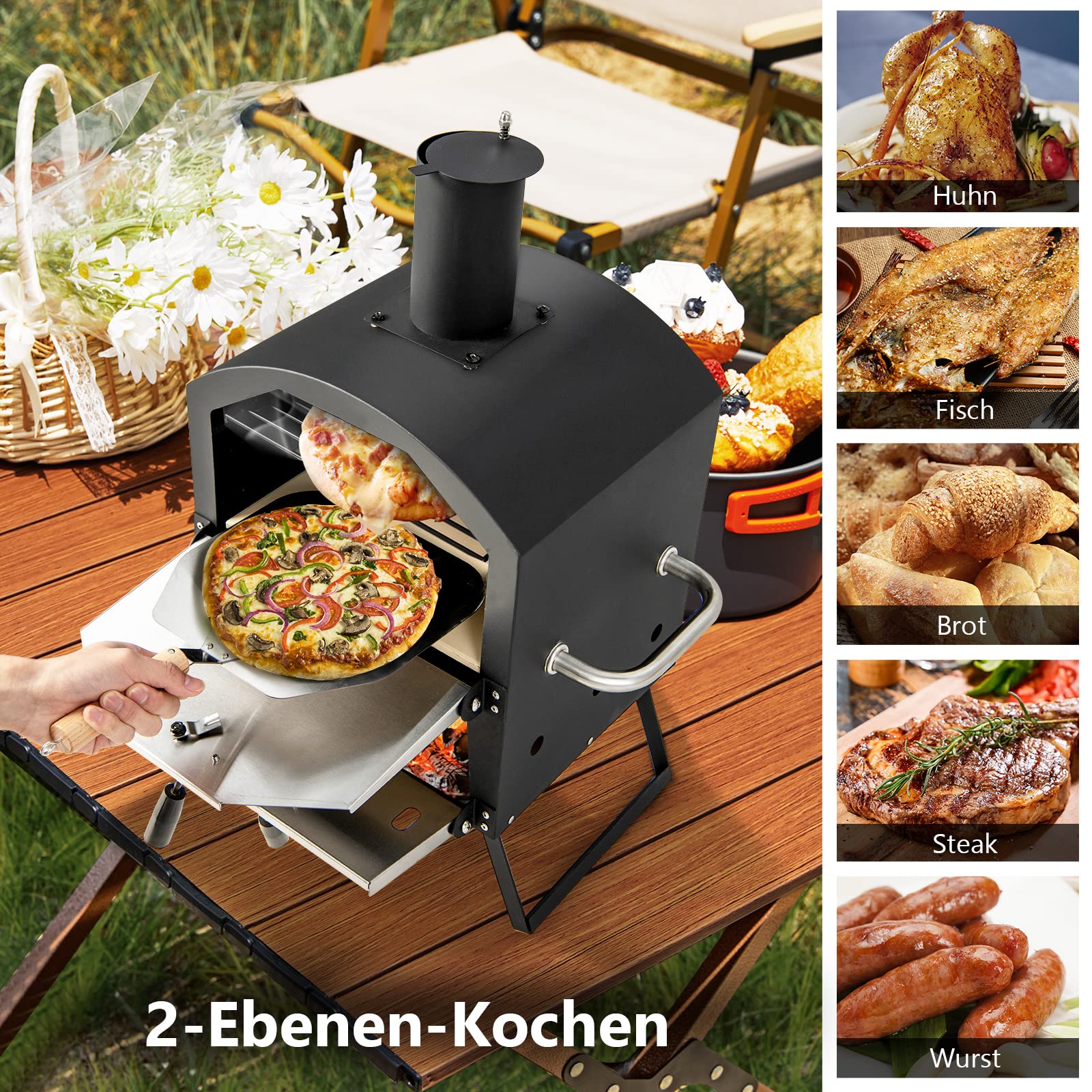 GYMAX Tragbarer Pizzaofen, Pizzabäcker mit klappbaren Beinen & Griffen, holzbefeuerter Pizzagrill mit 2-stöckigem Design & verstellbaren Belüftungsöffnungen, Holzbackofen mit Pizzastein