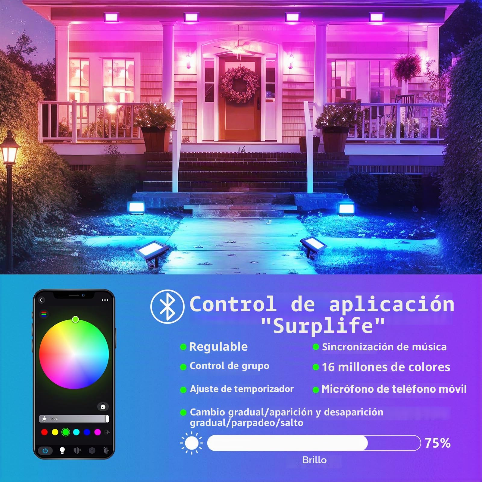 RIGIDON 2 x Foco LED Exterior RGB, 200W 20000LM foco inteligente LED con APP control, Proyector LED Cambio de Color Impermeable IP66 Luz de Inundación con Enchufe para Fiesta, Terraza, Jardin