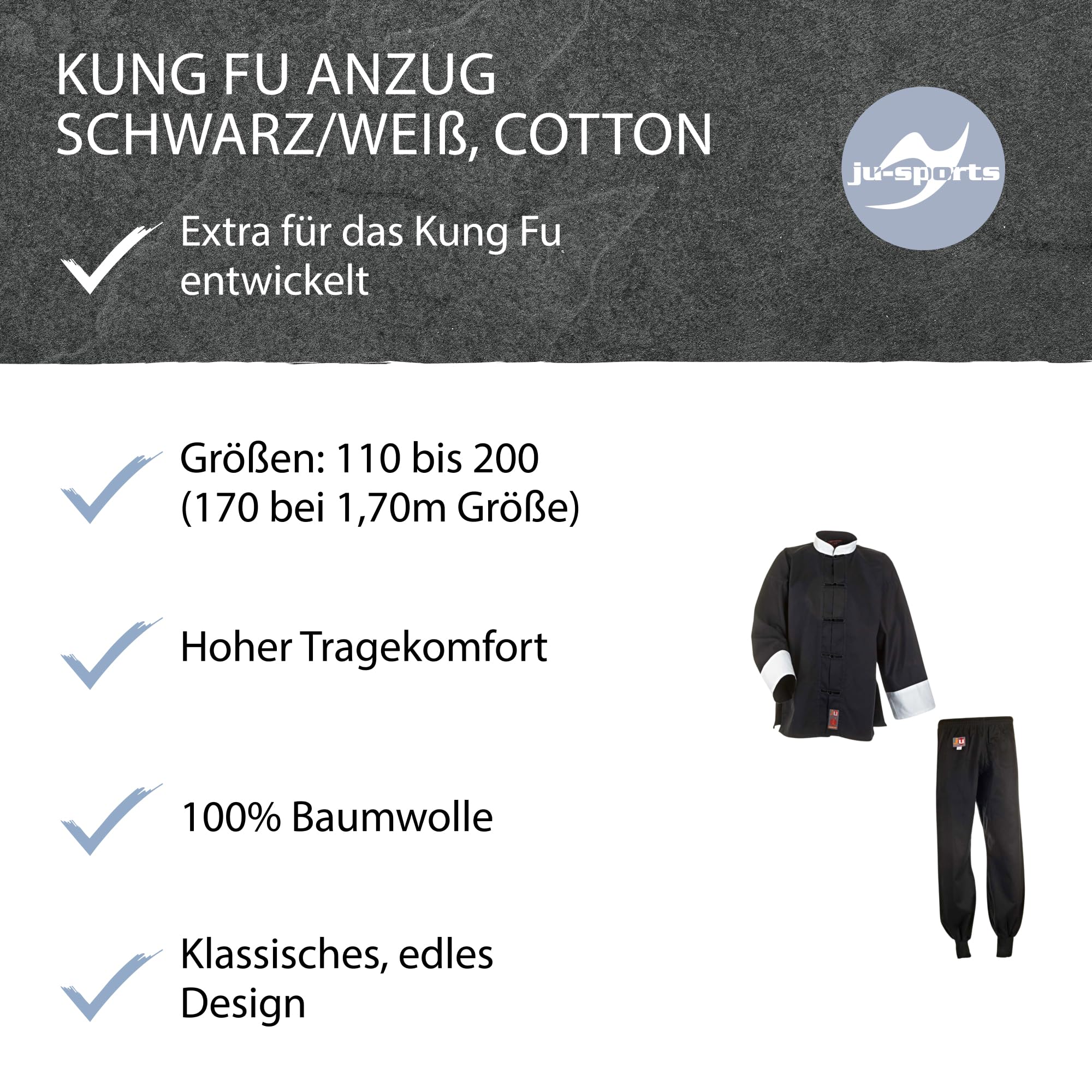 Ju-Sports Kung Fu Anzug Schwarz/Weiß, 100% Baumwolle, klassischer Schnitt, Kampfanzug mit Kordelknöpfen & Elastikbund
