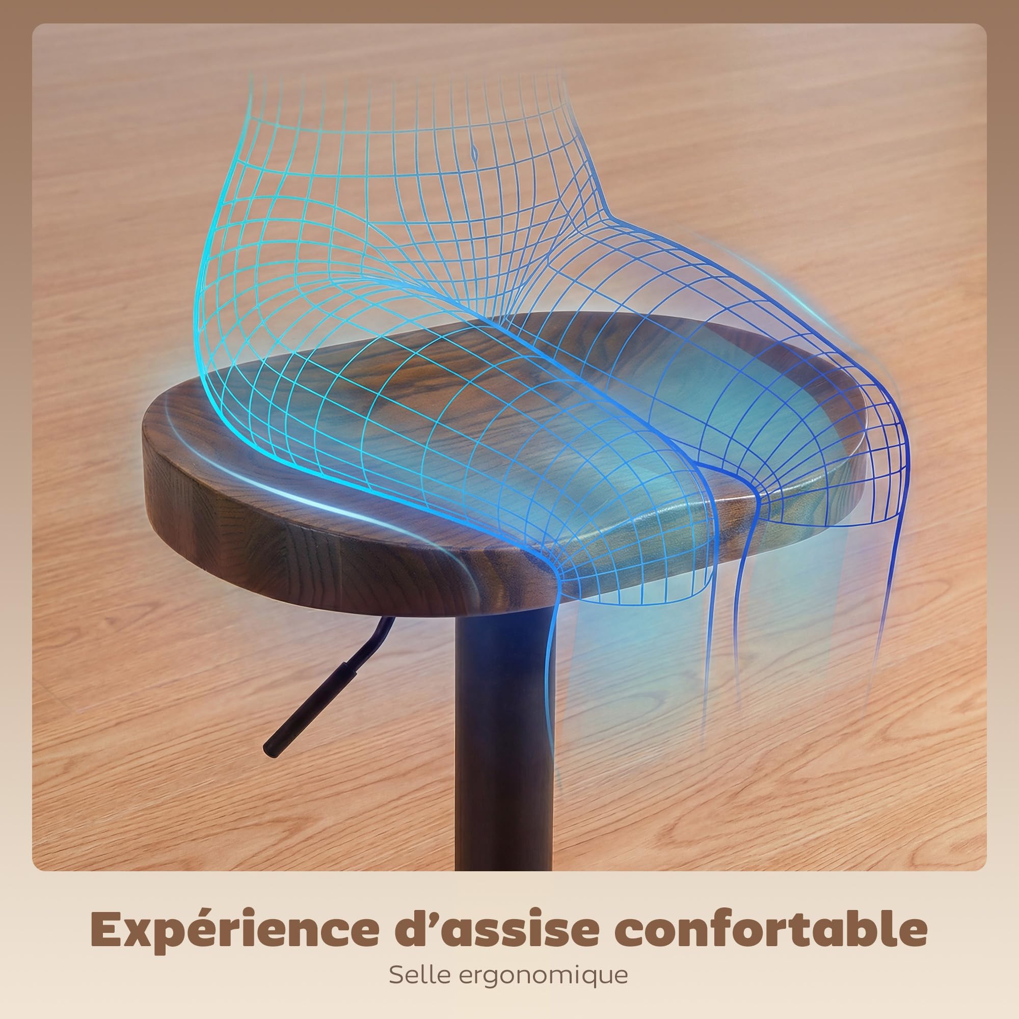 HOMCOM Lot de 2 tabourets de Bar, chaises de Bar Hauteur réglable avec siège en Bois d'orme, Repose-Pieds, pivotant 360°, Style Moderne, tabourets Hauts pour Cuisine, Salon, Marron foncé