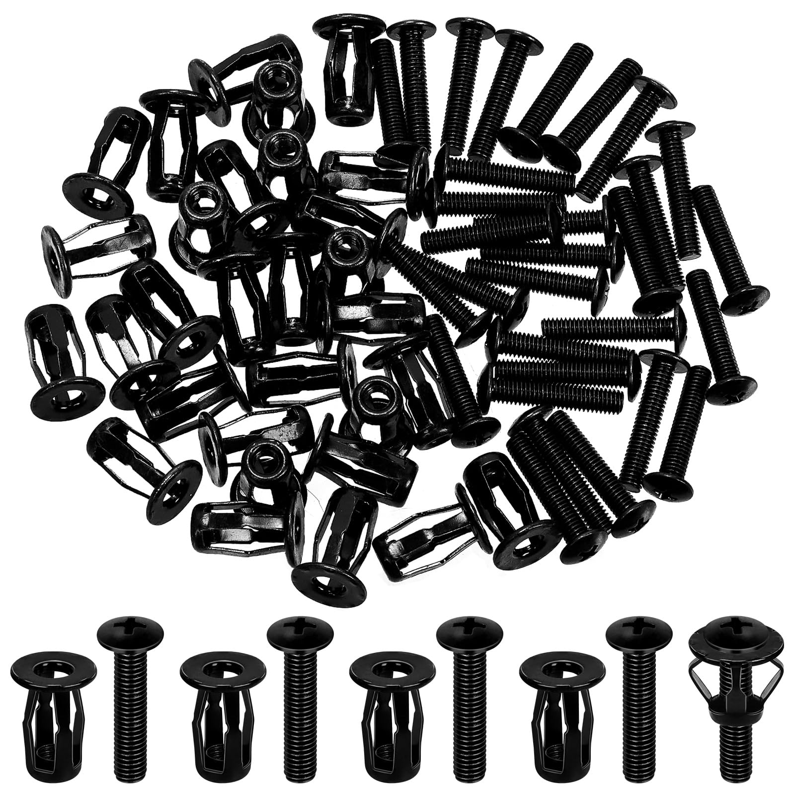 Glarks 60pcs M5 Jack Nut and Flat Head Phillips Machine Screws Kit, Black Jacknut Screw Anchor, Threaded Insert Petal Nut, Expansion Nut for Plastic Polywood Pressboard Hardboard