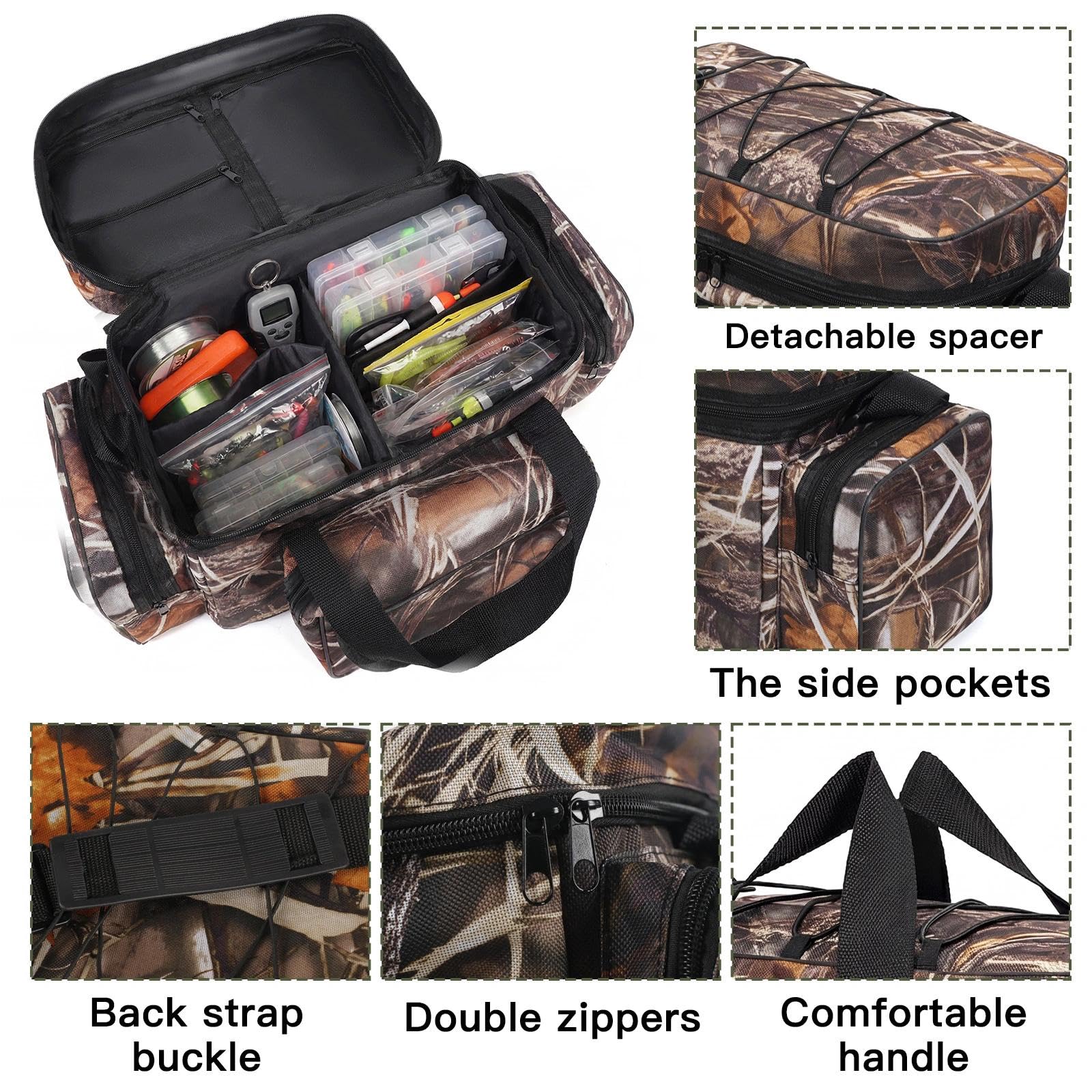 Bolsa de Pesca Grande Capacidad con Correas Ajustables Oxford Bolsas de Tela para el Hombro Multifuncional Bolsa de Camuflaje al Aire Libre para Equipo Aparejos y Accesorios