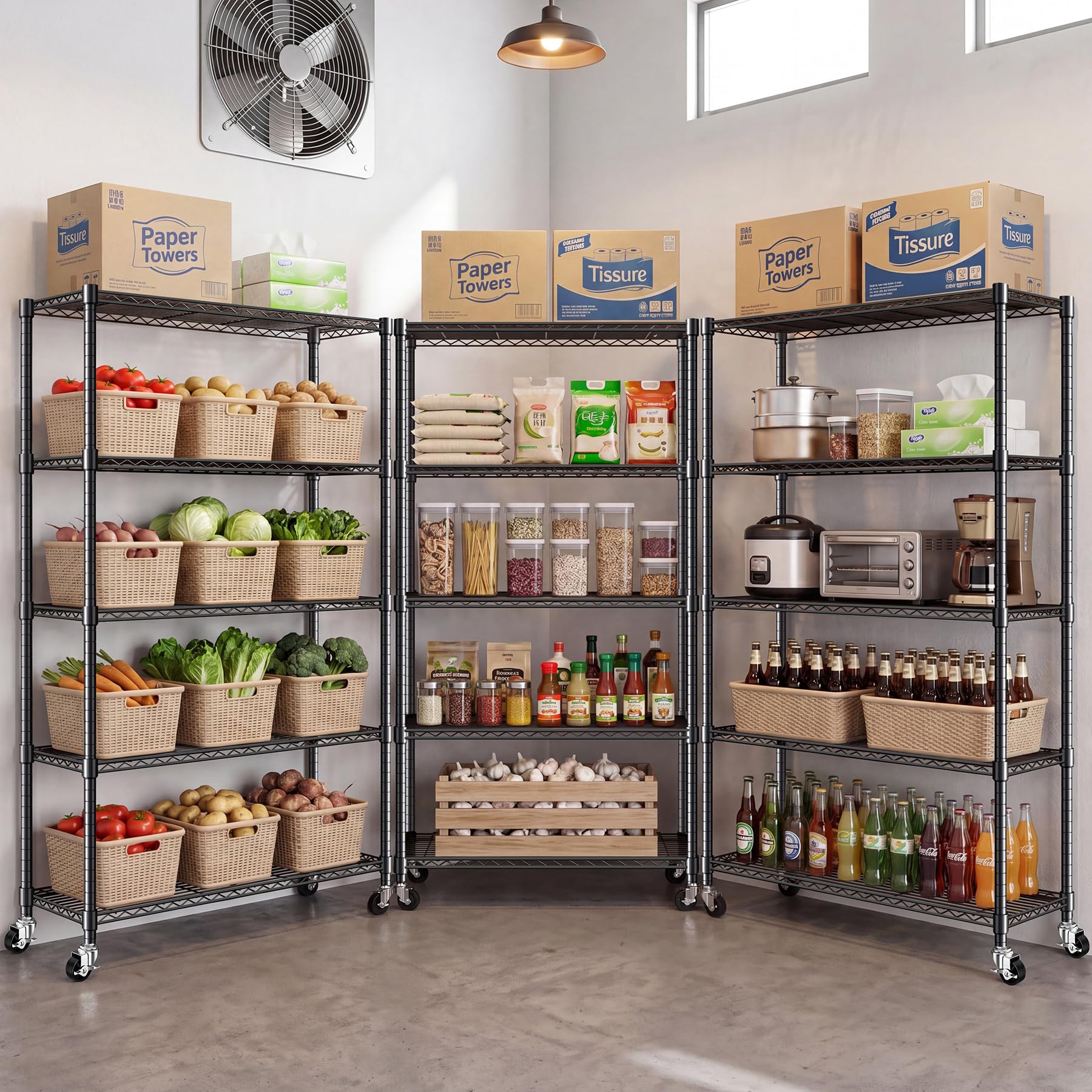 Himimi Scaffale Metallico con Ruote 5 Ripiani, Altezza Regolabile, Scaffalatura Robusta per Carichi Pesanti, Scaffale a Griglia per Cucina, Cantina, Ufficio & Bagno,116×45×187 cm Nero
