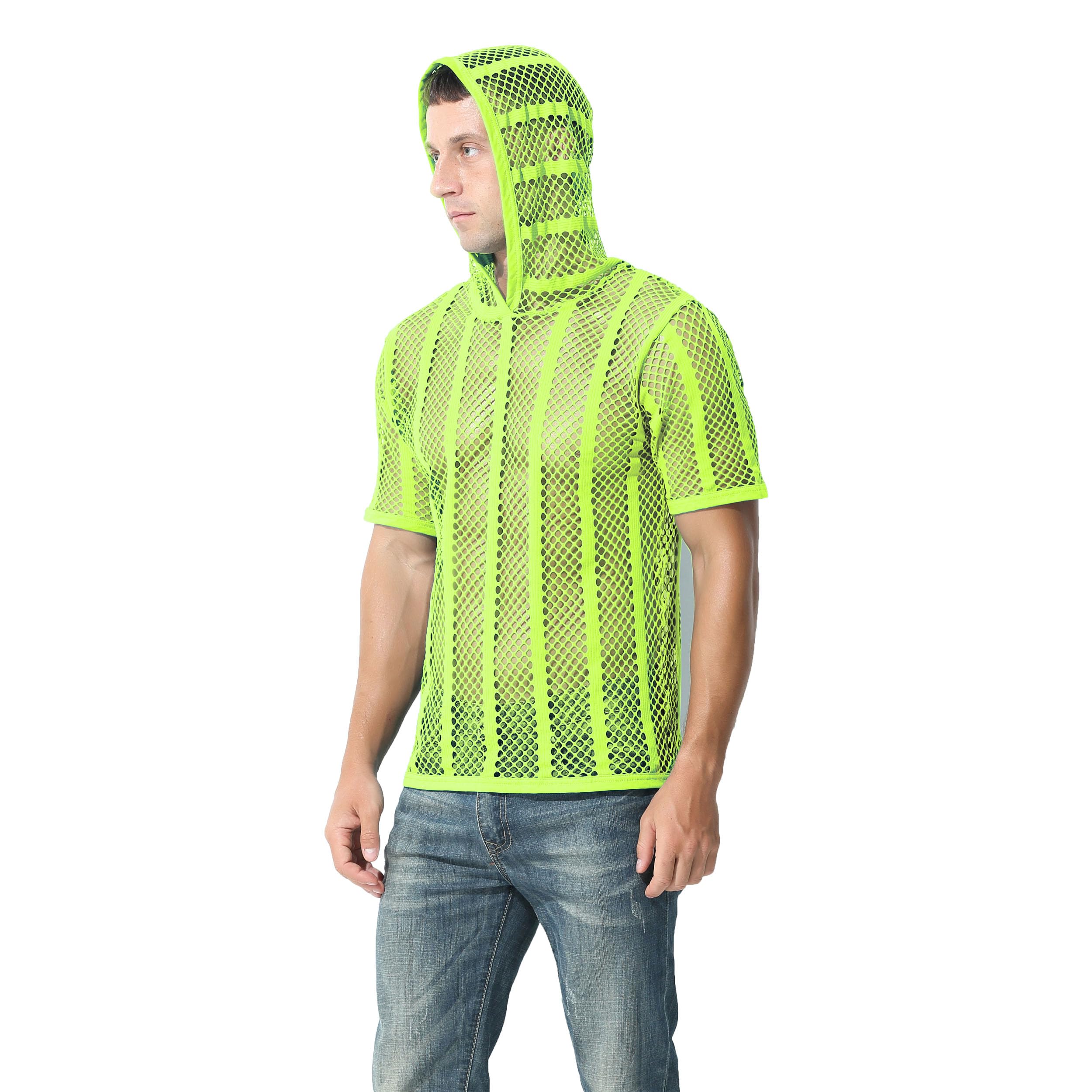 Herren-Kapuzenpullover, durchsichtiges Netzgewebe, kurzärmelig, sexy, durchsichtig, Muskelunterhemd, Oberteil, M, L, XL, XL