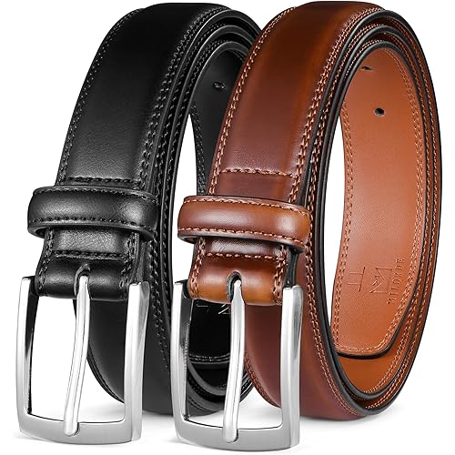 MILORDE Men's Leather Dress Belt 2Pack, Handmade, Genuine Leather, Fashion & Classic Designs for Work Business and Casual