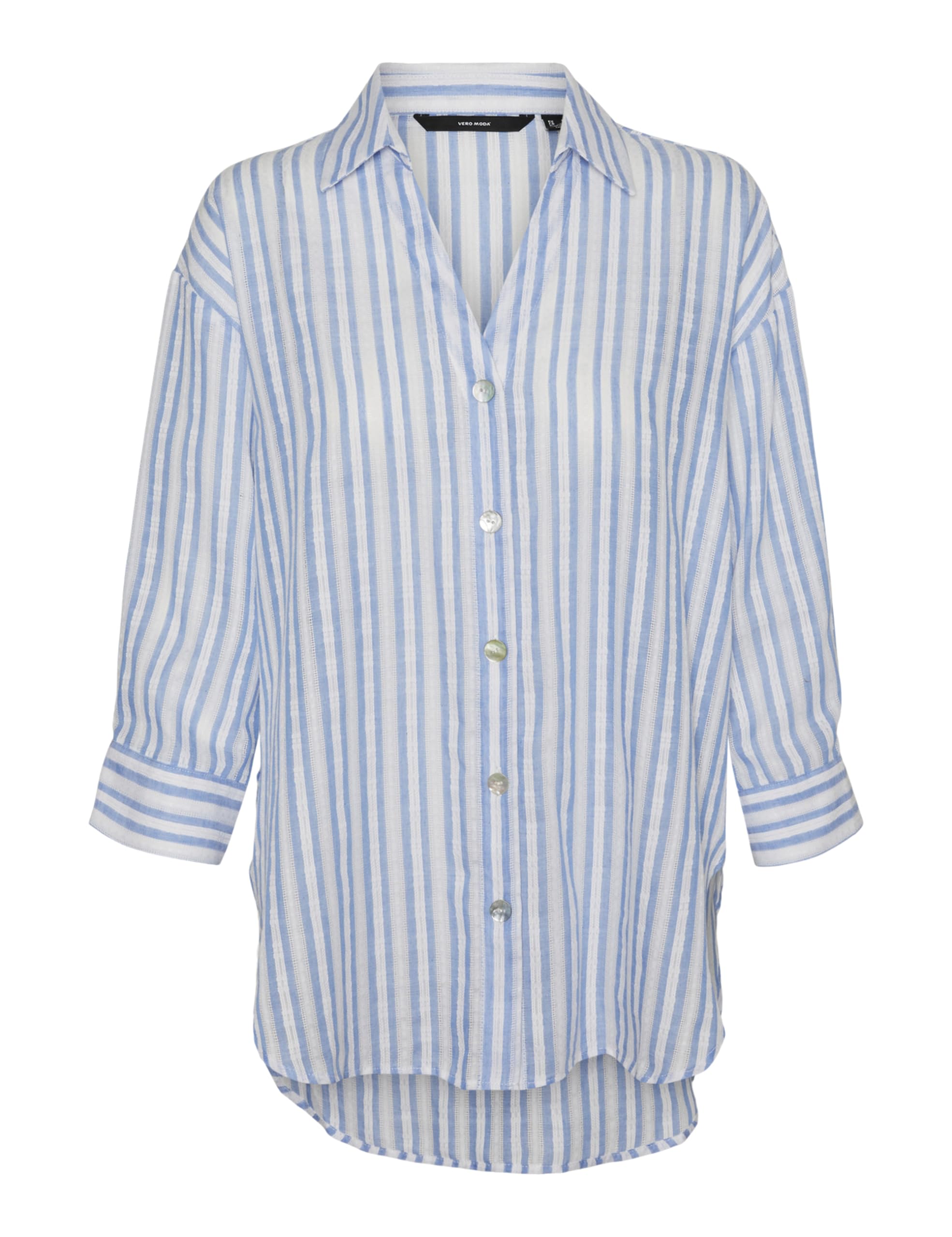 VERO MODA Women's Long Sleeve Blouse, Bonnie Blue/Stripes: Snow White, M