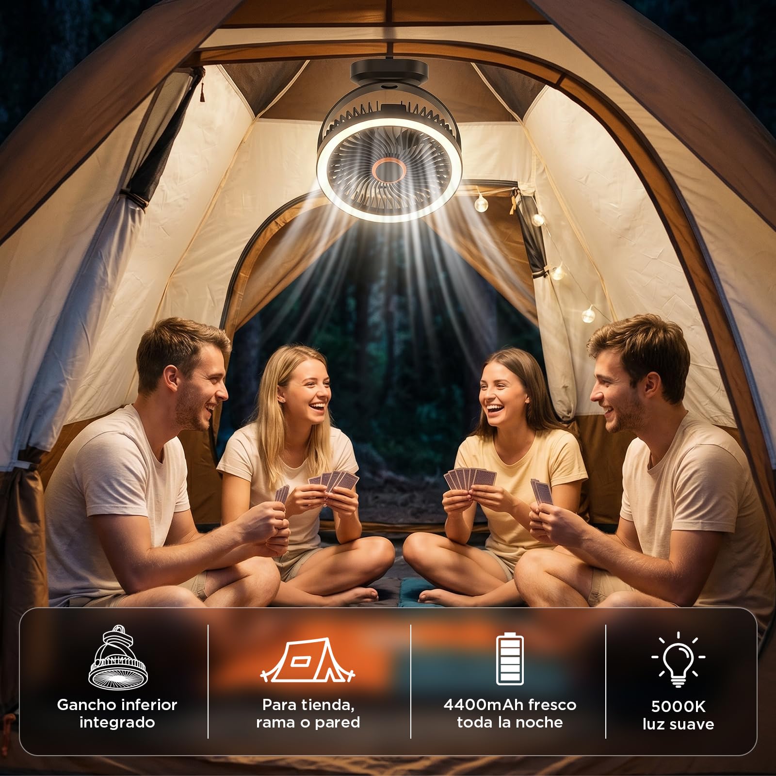 Lepwings Ventilador de Mesa, USB Recargable de 4400 mAh, 3 Velocidades, Ventilador Portátil de 8 Pulgadas con Luz LED y Gancho Colgante, Autonomía de 4-12H, para Oficina, Dormitorio, Camping