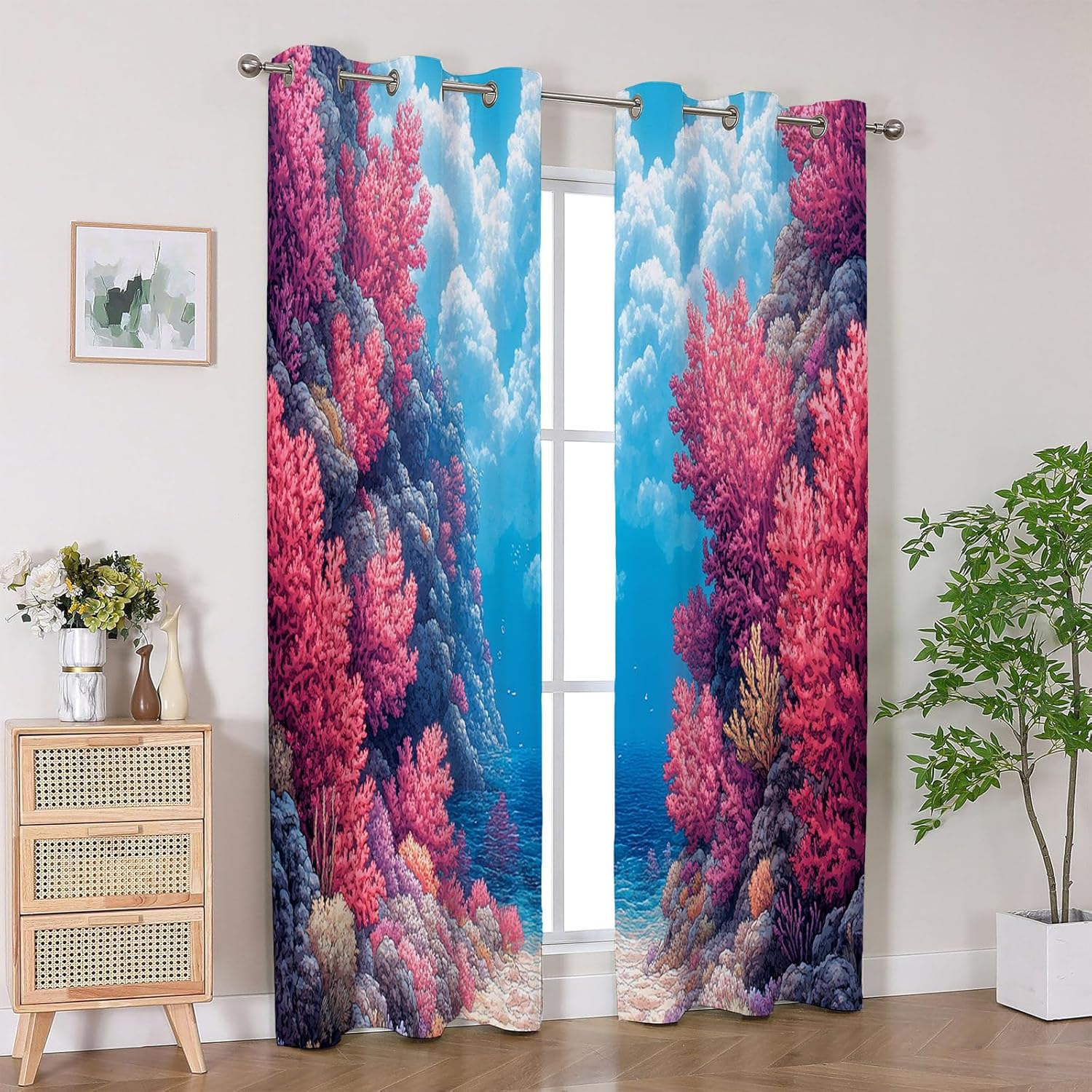 JOSUE Ocean Printed Curtains Eyelet Blackout Sea Theme Print Window Drapes Decor for Living Room Bedroom Nursery, 2 Panels(Pink)-52"x96"x2