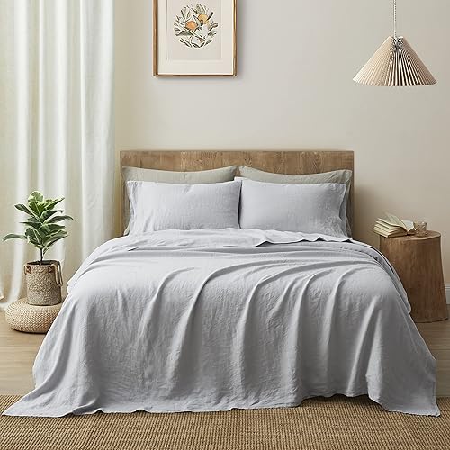 ATLINIA Juego de sábanas de lino para cama  Sábanas 100% de lino francés, tamaño California King, ropa de cama de lino orgánico Farmhouse Boho