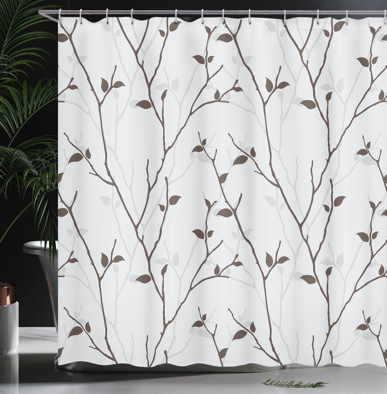 Ambesonne Leaf Shower Curtain, Branches in The Fall Trees Stem Twig with Last Few Leaves Minimalistic Design Art, Cloth Fabric Bathroom Decor Set with Hooks, 69" W x 75" L, Grey Brown