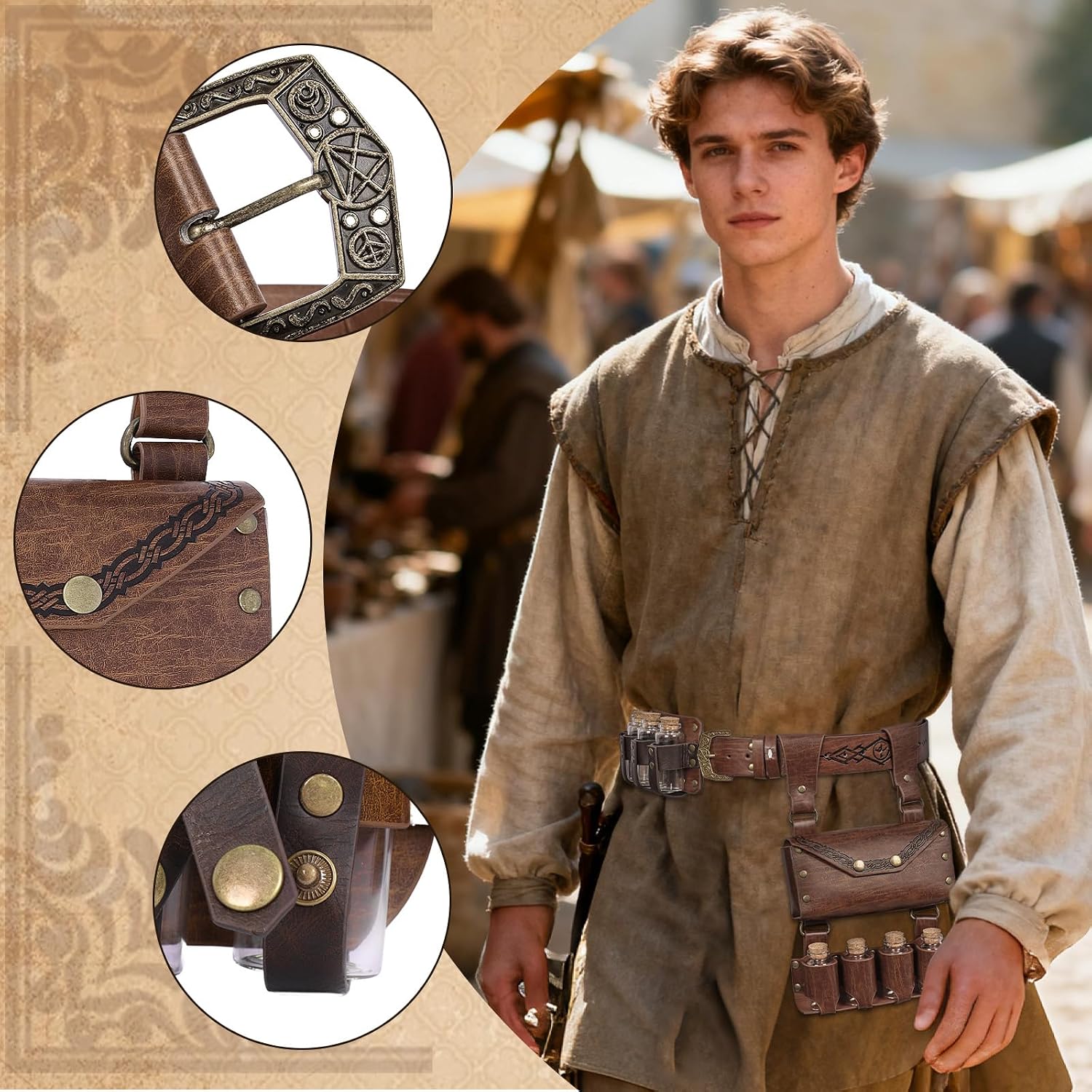 Renaissance Medieval Accessories Belt Set - Renaissance Belt with Potion Bottles & Alchemy Bag for LARP, Halloween