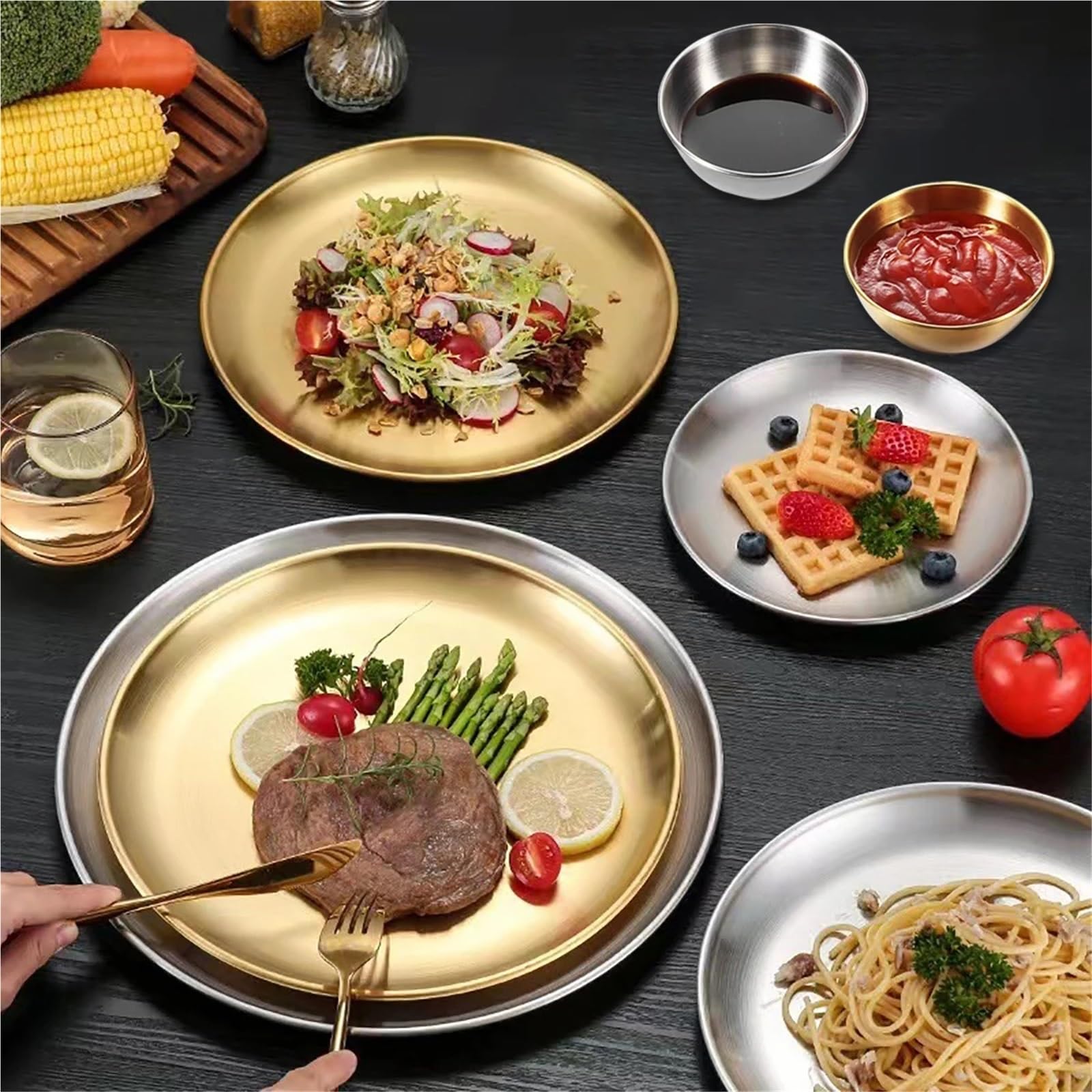 Bandeja de Servicio de Acero Inoxidable Juego de vajilla 18 Piezas for mojar, Platos Redondos Acero Inoxidable for Barbacoa, Ensalada, Fruta, Postre, Pastel, Plato for Fiesta(Silver)