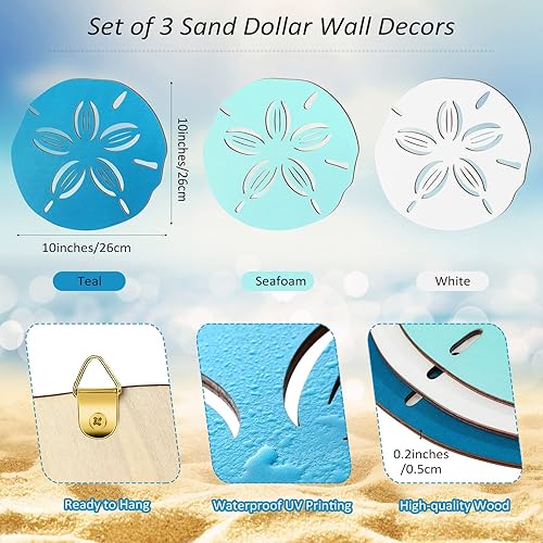 Miniatura 2 de Jetec Decoración de pared de dólares de arena, 3 piezas, arte de pared costero de playa, madera, océano, arena, dólares, decoración, arte verde