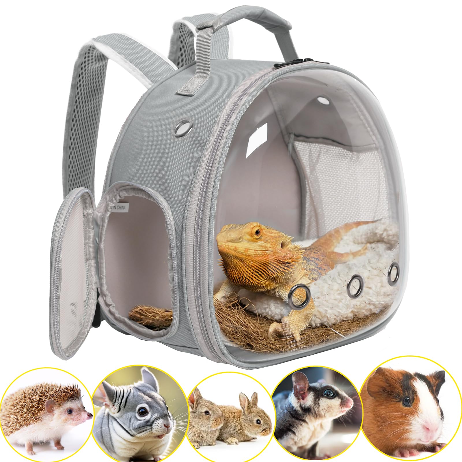 Guinea Pig Backpack Carrier, Reptile Outdoor Used,Bearded Dragon Carrier Backpack with Clear Bubble Window,Small Animal Travel Backpack for Hedgehog Rat Parrot, Airline Approved (Grey, Backpack)-image-44