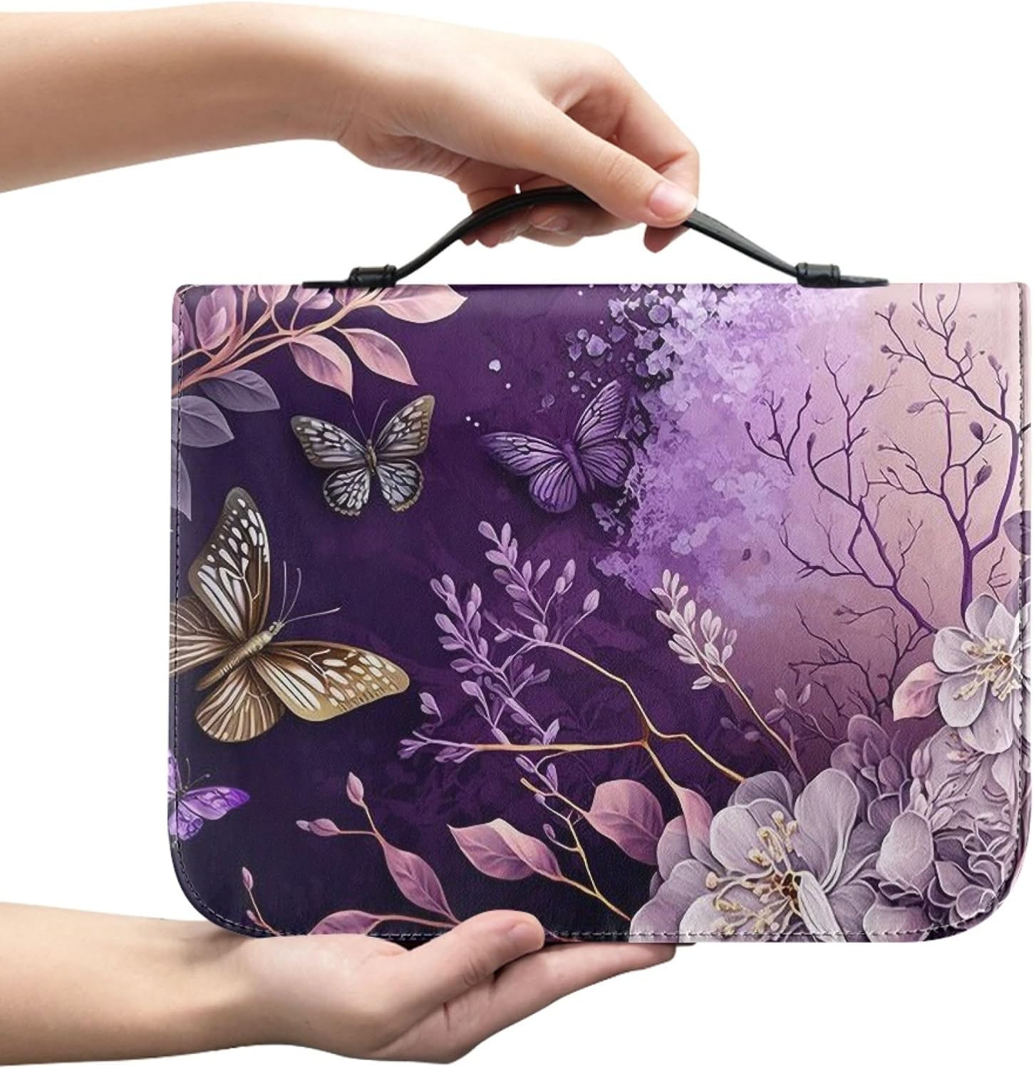 Bengbobar Bible Covers Bible Study Supplies Romantic Purple Leather Bible Carrying Case with Pockets for Women Girls Butterfly Bible Protective with Handle and Organizer Large Size