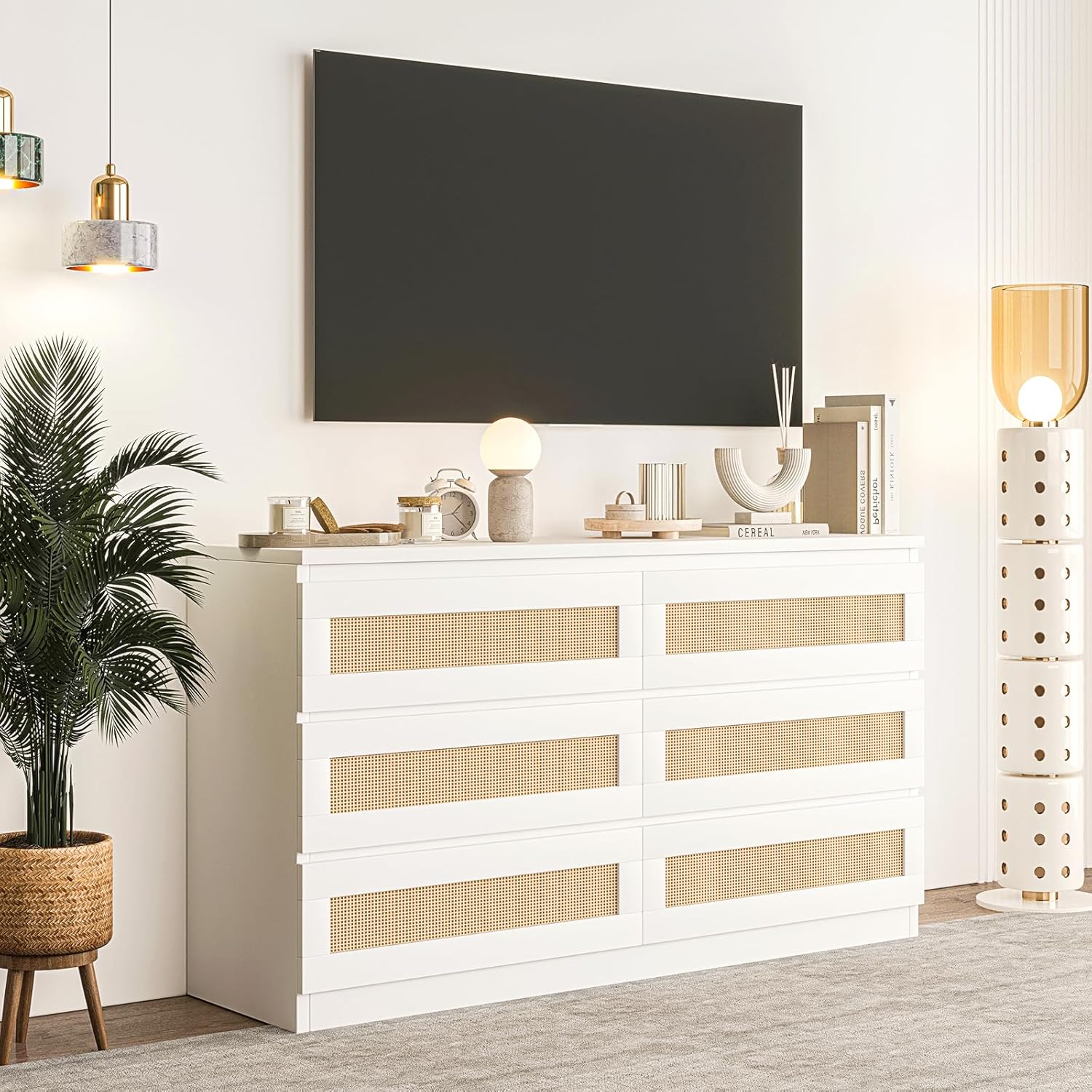 GarveeHome Rattan 6-Drawer Dresser with drawers open, showing storage capacity