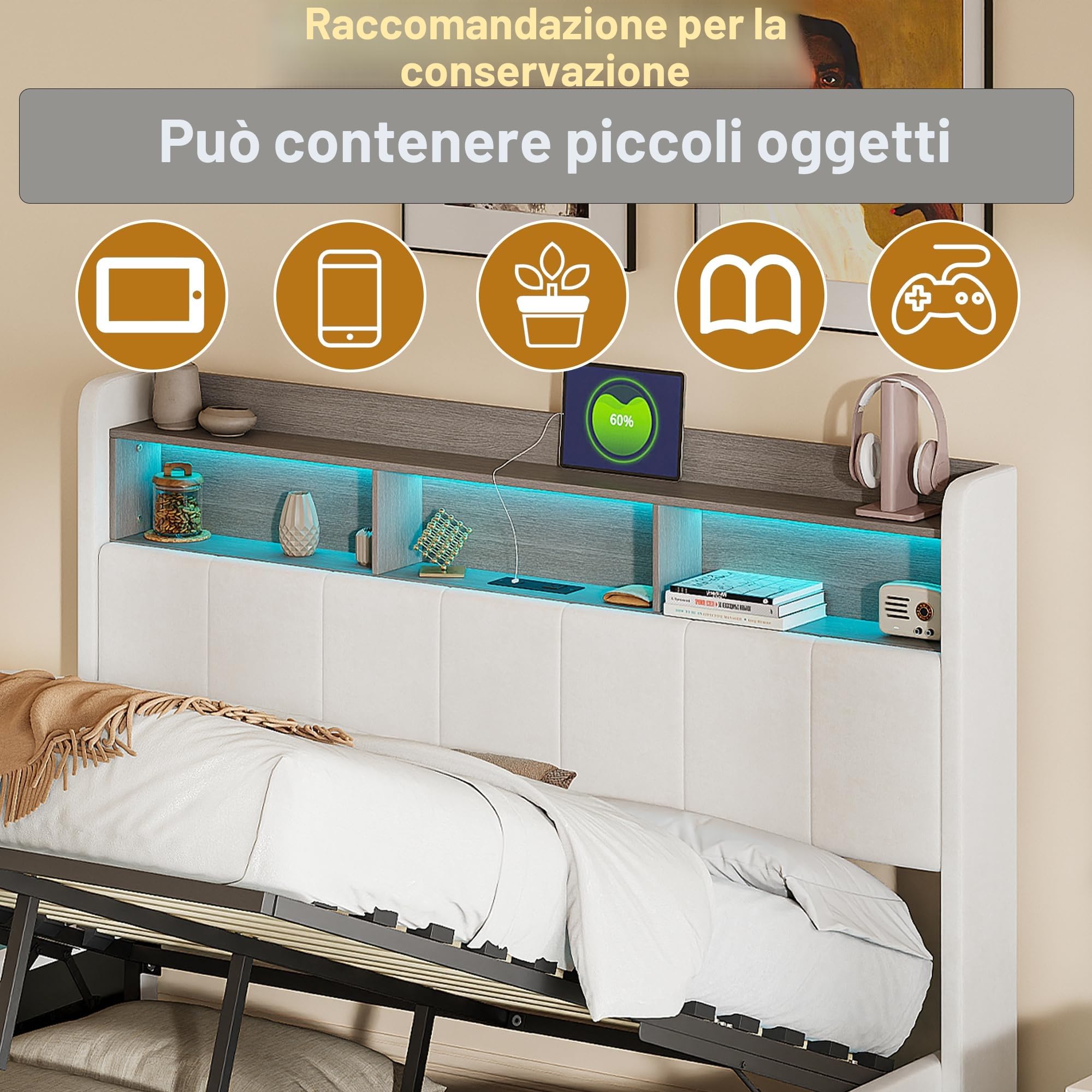 KeepGoon Letto matrimoniale contenitore 160x200 cm, letto imbottito in velluto bianco con rete a doghe, sollevamento idraulico, testiera con vani, LED e USB