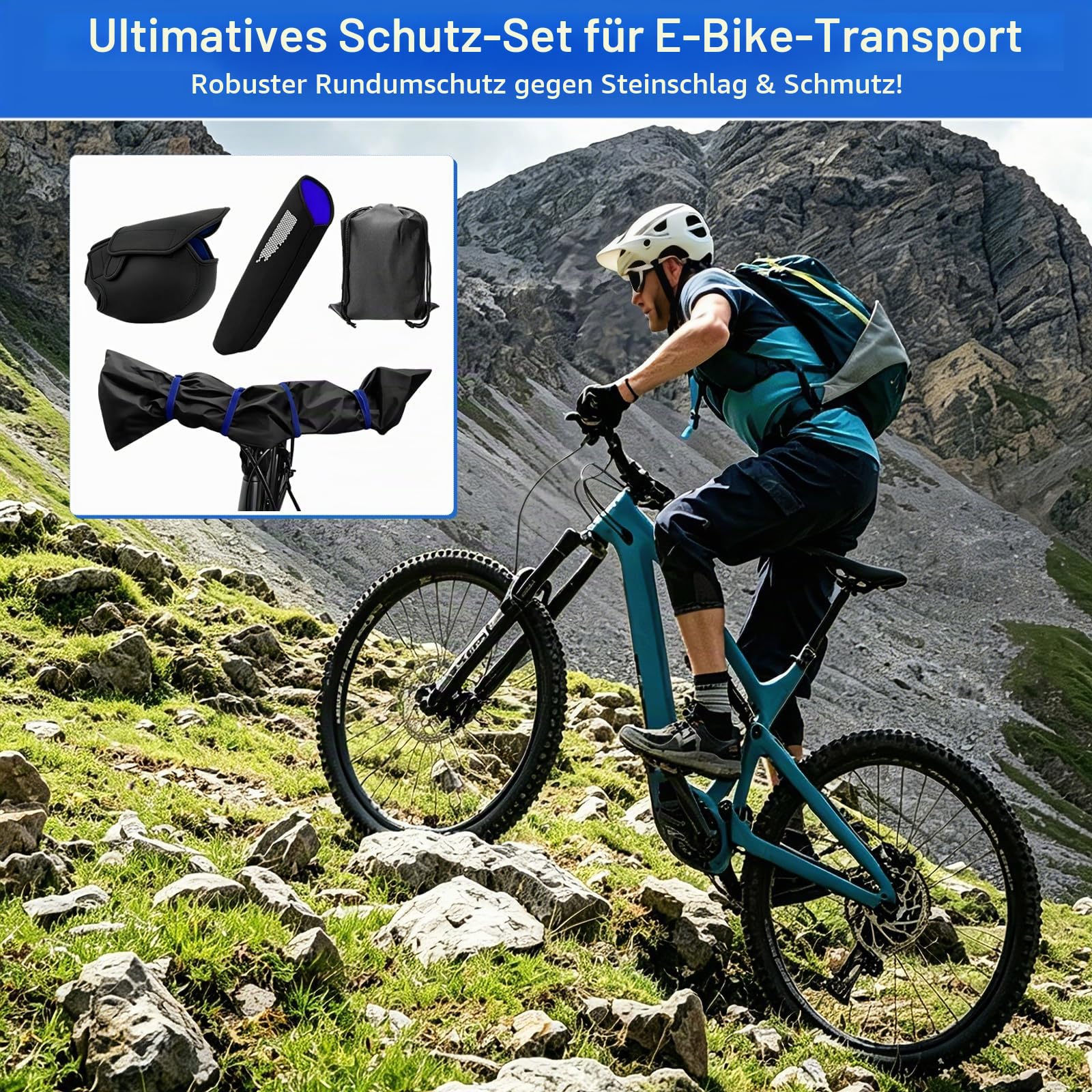 3-teiliges E-Bike Schutzhüllen Set für Transport, Akku-, Motor- & Lenker Schutz, 5 mm Neopren, wasserabweisend, Schutz vor Regen, Schmutz & Spritzwasser, universell für Heckträger