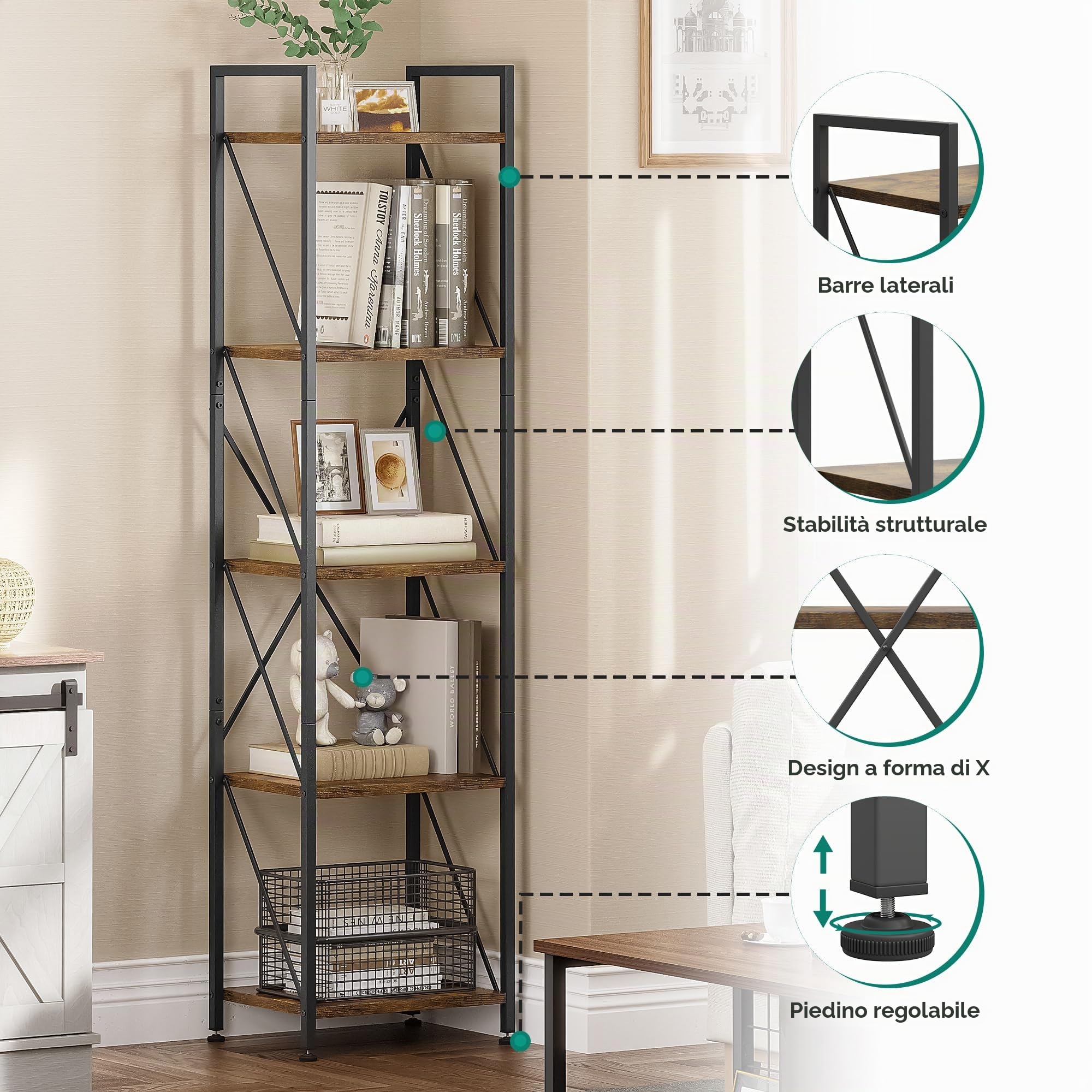 YITAHOME Libreria a 5 ripiani, libreria industriale, scaffale autoportante, scaffale in legno e telaio in metallo, mensola portaoggetti per soggiorno, casa, ufficio, cucina, camera da letto, marrone