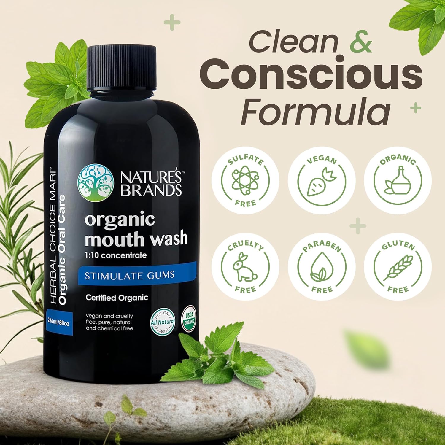 Nature's Brands - Herbal Choice Mari Organic Mouth Wash, 8 Oz, Peppermint Flavor - Tea Tree, Thyme & Fennel Oils for Fresh Breath & Healthy Gums - 1:10 Concentrated Mouthwash in BPA-Free Bottle - Image 6