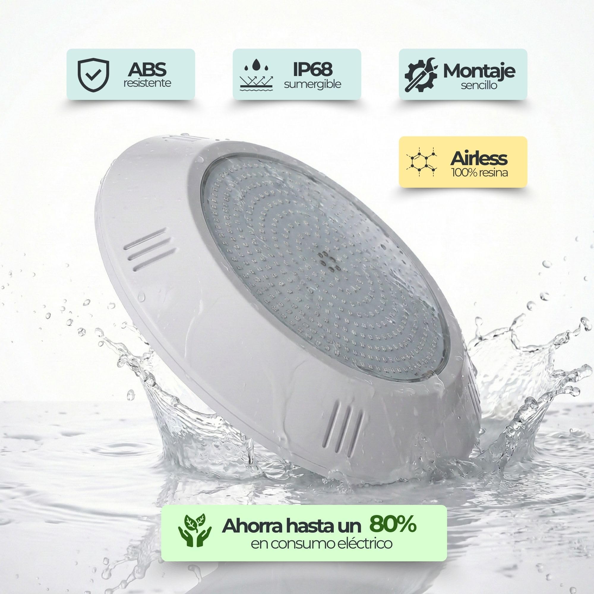 SWIMHOME Foco LED Piscina de Superficie 35W 12V AC, Relleno de Resina, Blanco Frío 6000K, Ø26 cm