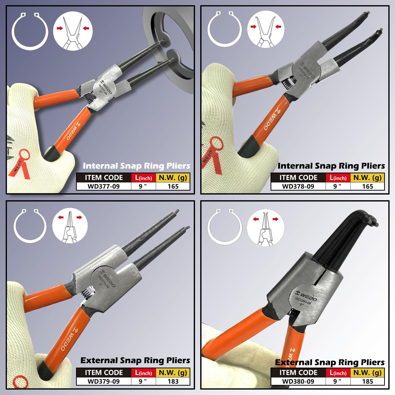 WEDO 4 Pezzi Pinze Per Anelli Di Sicurezza,Pinza ad anelli elastici per anelli elastici Interno - diritta,9" Pinza autobloccante,acciaio al vanadio cromo,Alta resistenza Pinza per anelli Seeger