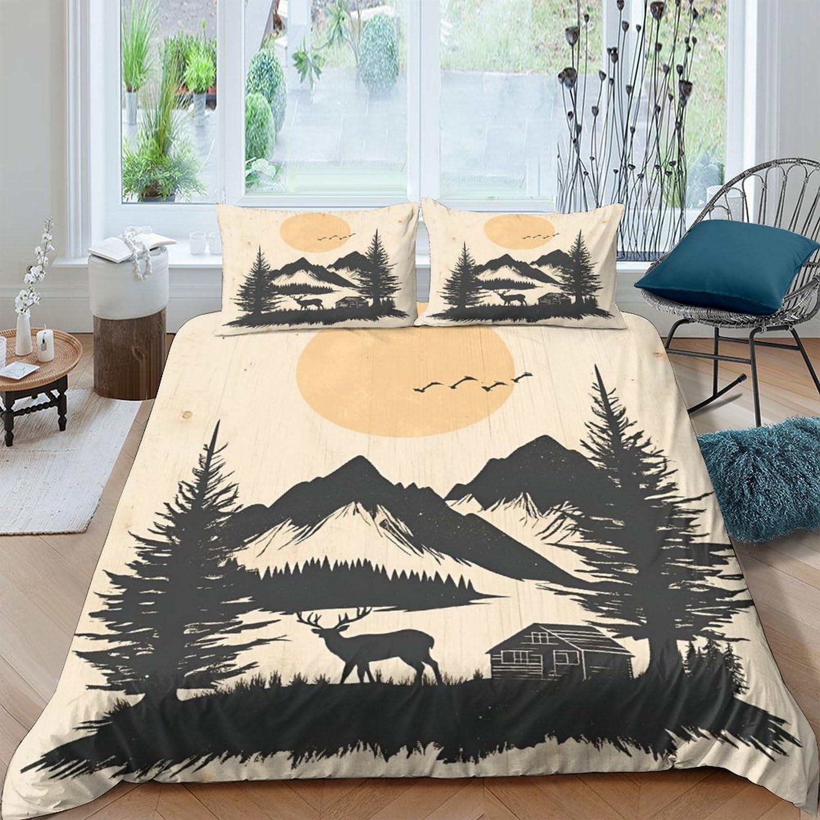 UNRXJZLVM Mountain Cabin Duvet Set 3D Print Microfiber Lodge Bedding