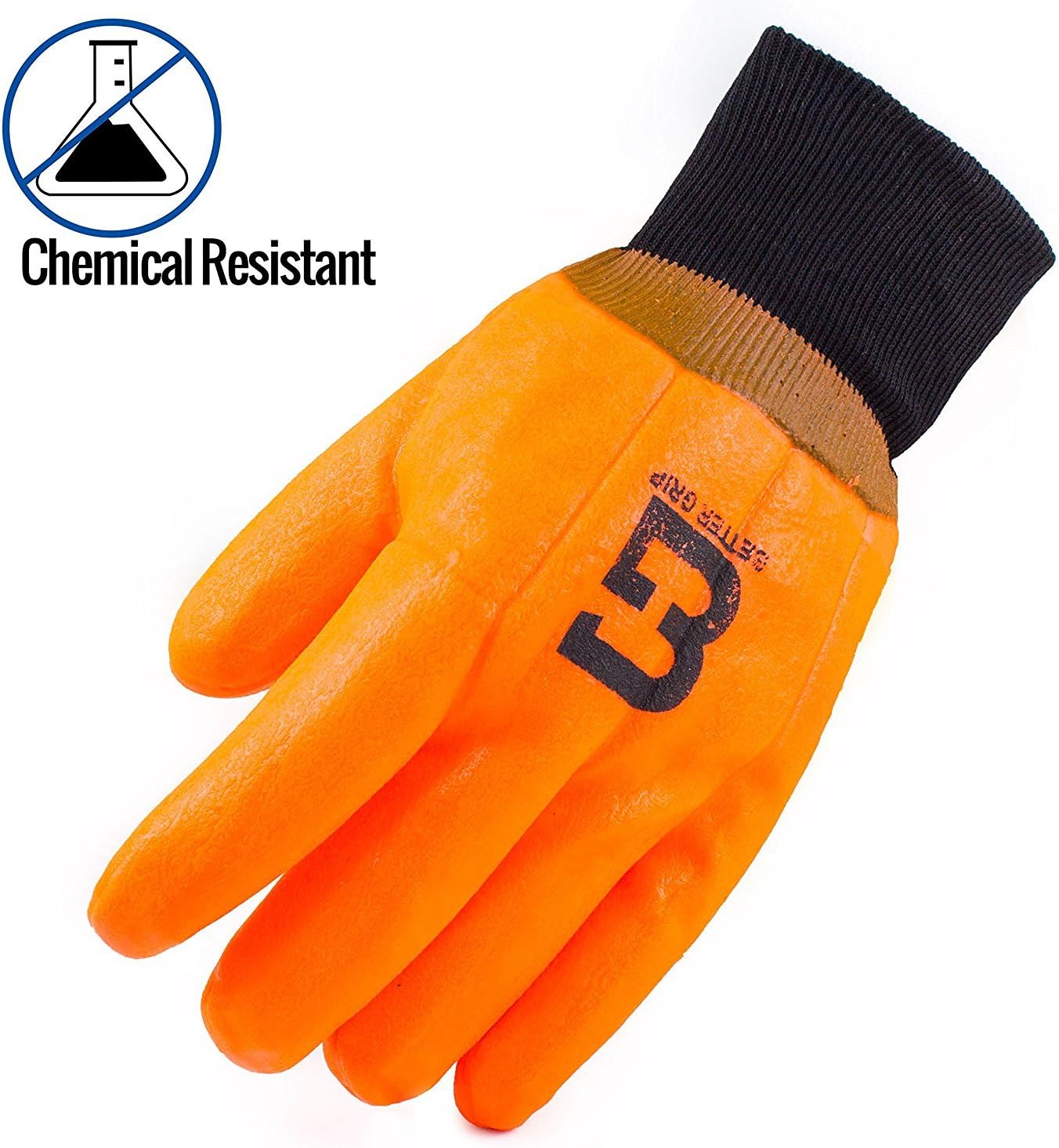 BG105ORGKW Heavy Duty Premium Sandy finished High Visibility PVC Coated Gloves with Knit Wrist, Chemical Resistant, One Size (3 Pairs)