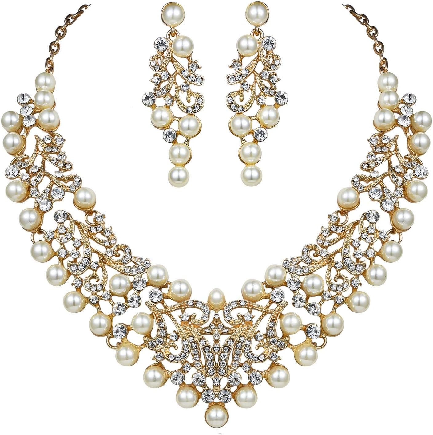 Vine Silver Gold Faux Pearl White Austrian Rhinestone Bib Statement Necklace Collar Choker Earrings Jewelry Set Bridal Wedding Prom Pageant Party N922