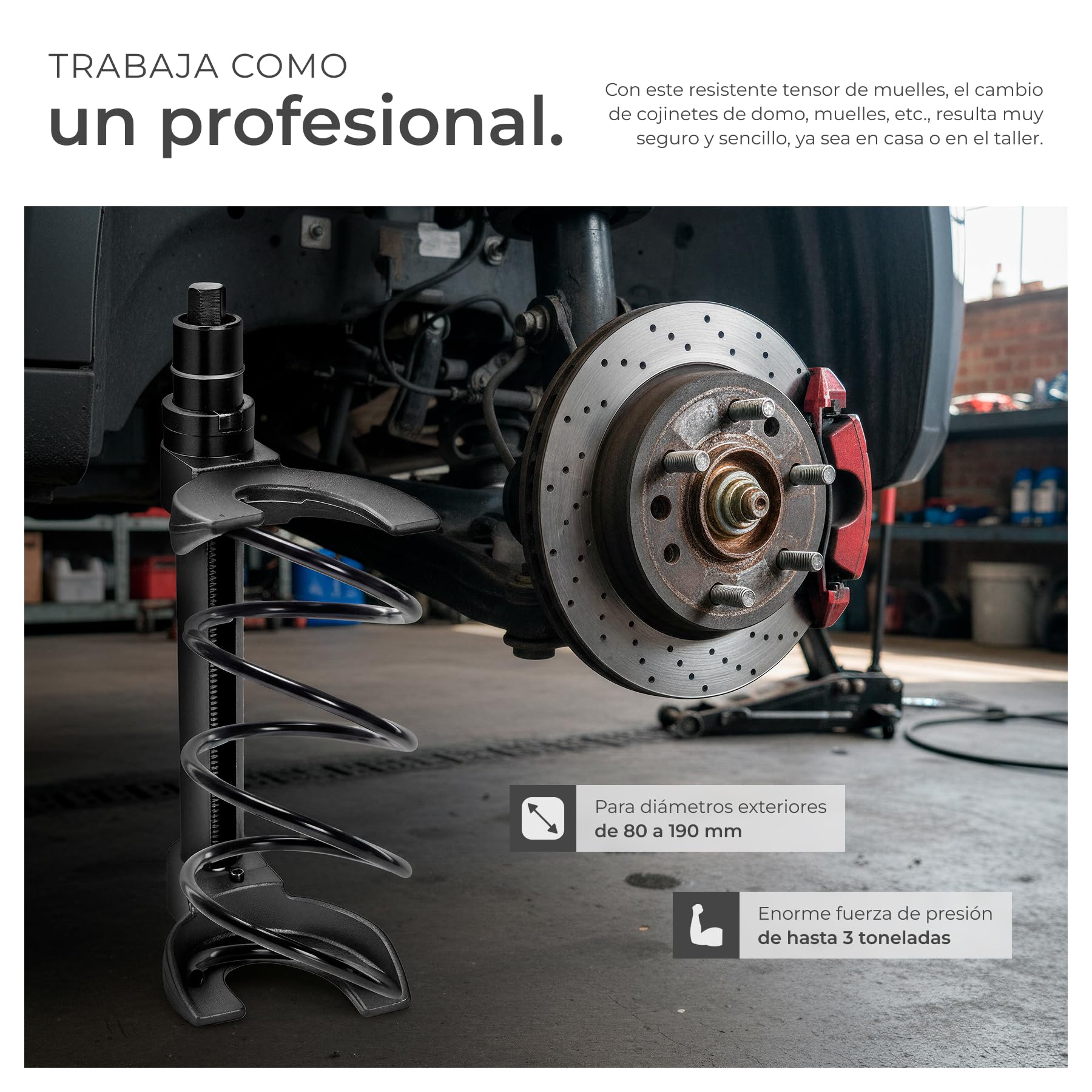 tectake® Compresor Muelles Amortiguador Universal para Sistemas McPherson, Diámetro 80-190mm, Compresor de Muelles Amortiguador con Apertura 300mm, 3 Cabezales de Sujeción, Práctico Maletín