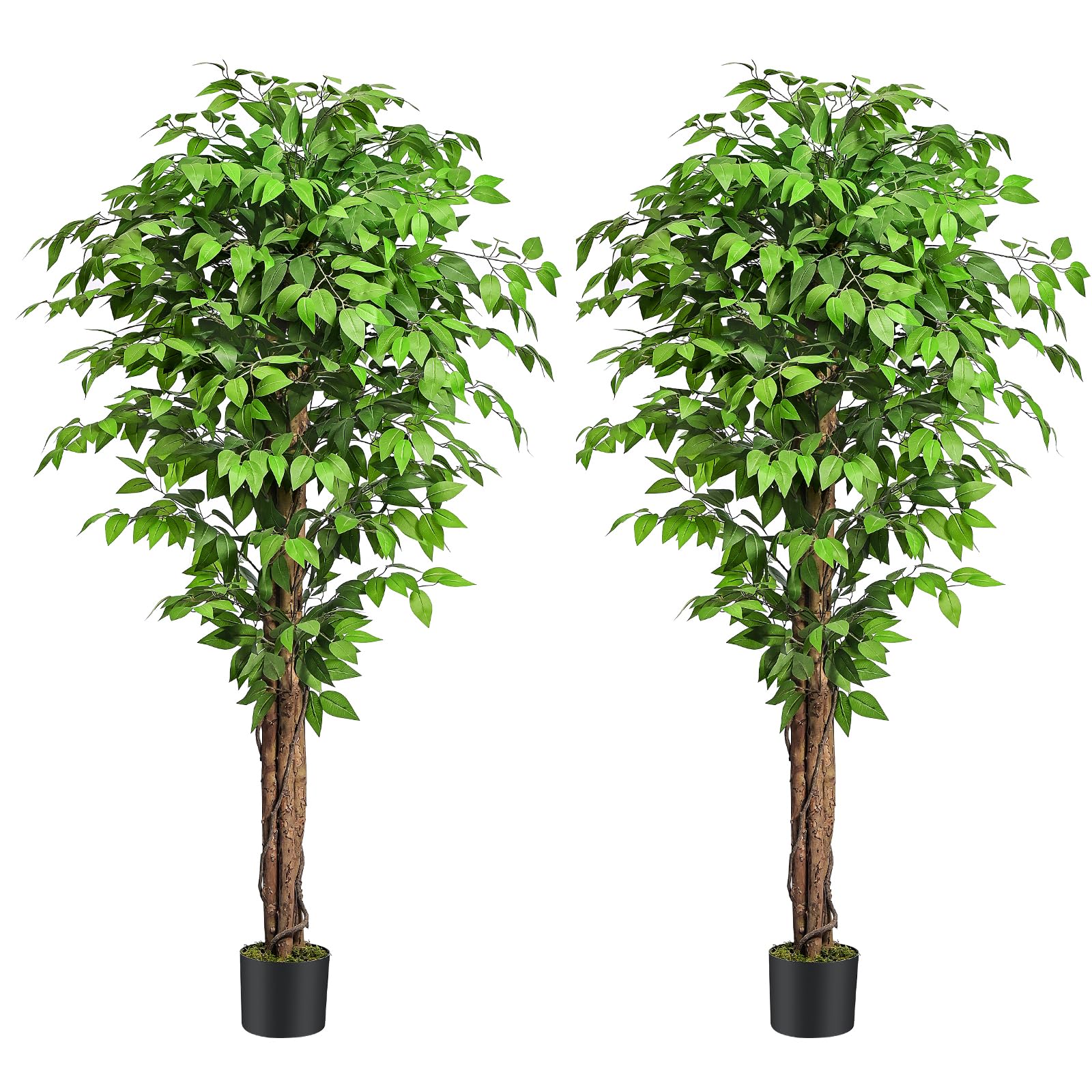 Keeplush 6.2ft. Ficus Artificial Trees with 3 Natural Curved Trunks, 74" Tall Lush Faux Tree for Home Decor Indoor, Green Lifelike Fake Ficus Tree Plants (Set of 2)