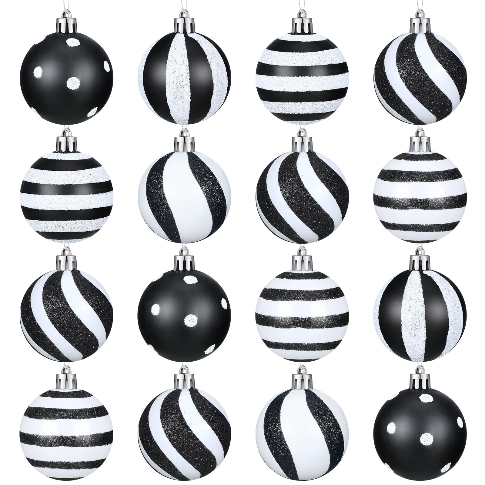 Riceshoot 24 Pcs Christmas Black and White Ball Ornaments Xmas Plastic Stripe Dot Hanging Ball for Christmas Tree Party Decoration Supplies(3.15 Inch)
