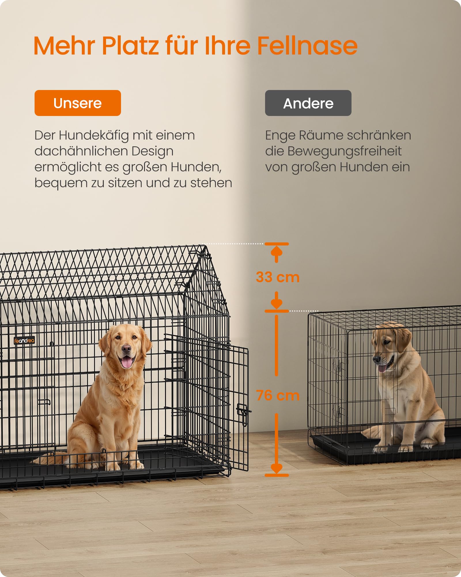 Feandrea Hundekäfig, Hundebox, 120 x 72,5 x 109 cm, Metall, Haustierkäfig faltbar, XXL, für große Hunde, mit Doppeltür, leicht zu reinigen, für Zuhause, Auto, tintenschwarz PPD015B01