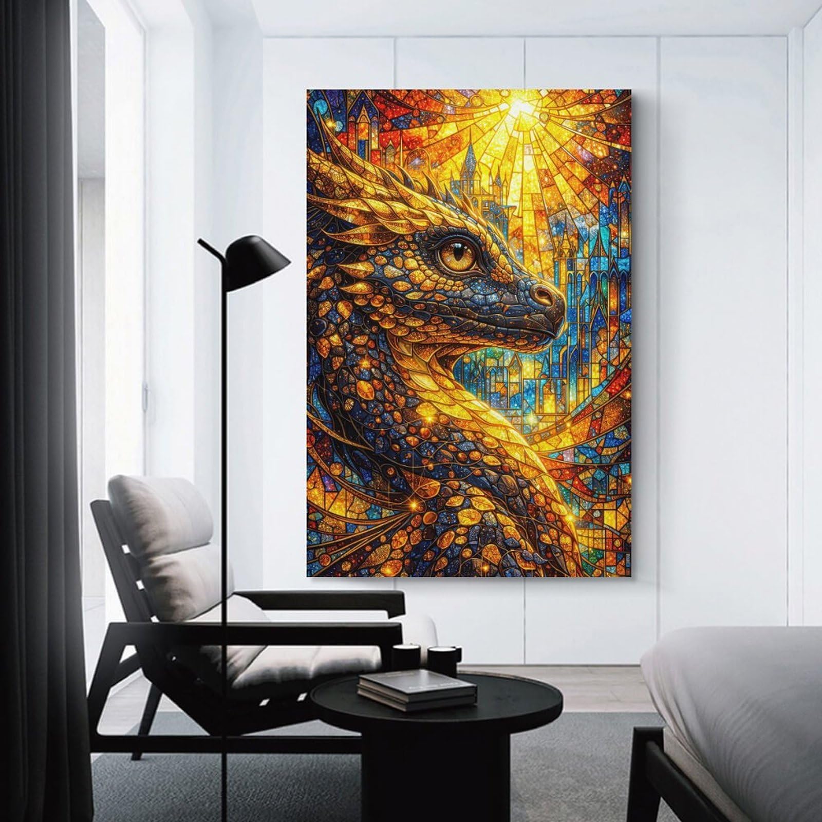 Junmoney Canvas Wall Picture Dragon Stained Glass Castle, 24x36inch(60x90cm), for Restful Interiors, Bedrooms Or Small Rooms, Home Artwork with A Soft Interior Feel