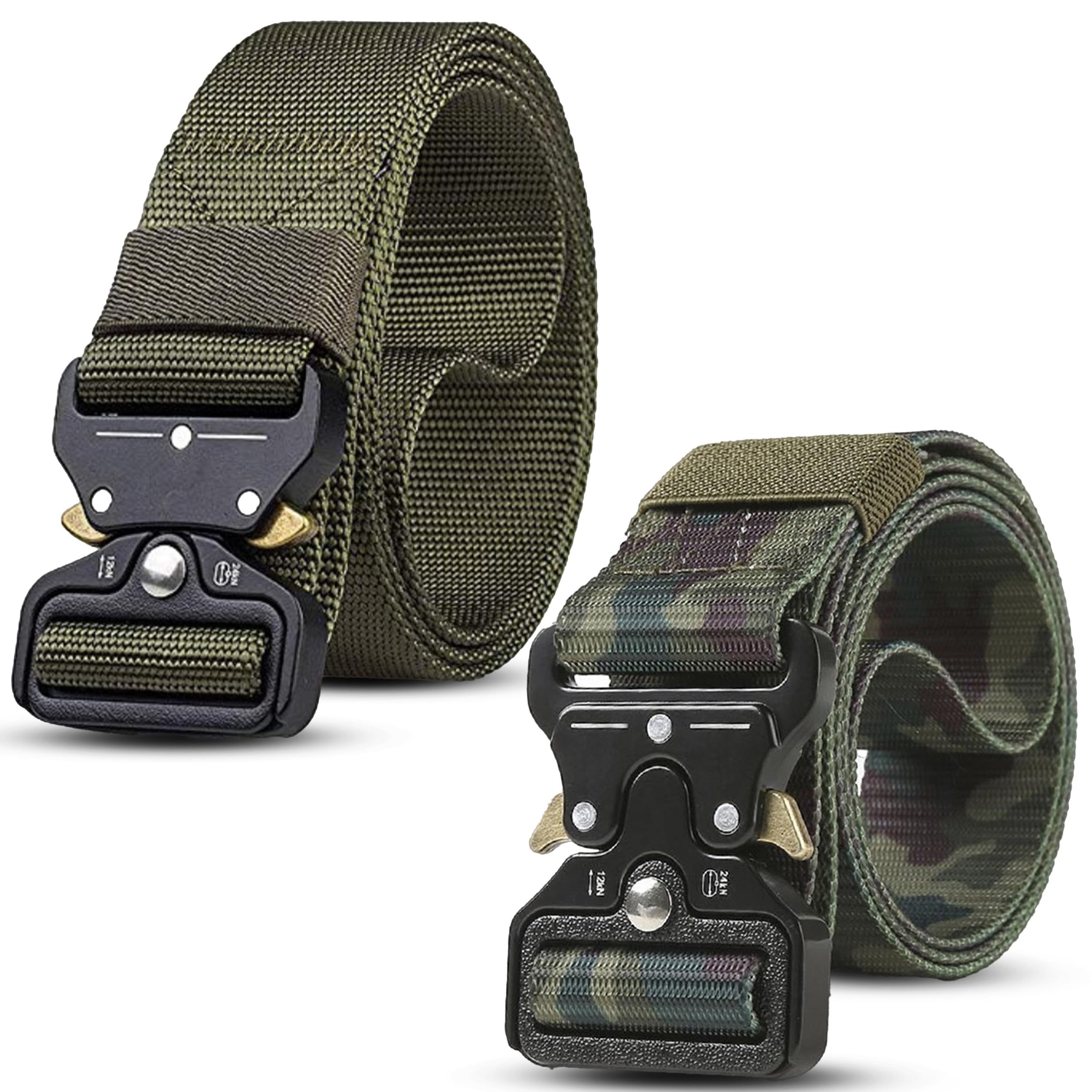 Contacts Men's Tactical Belts Pack of 2 – Heavy-Duty Nylon with Quick-Release Buckle – Green & Camouflage