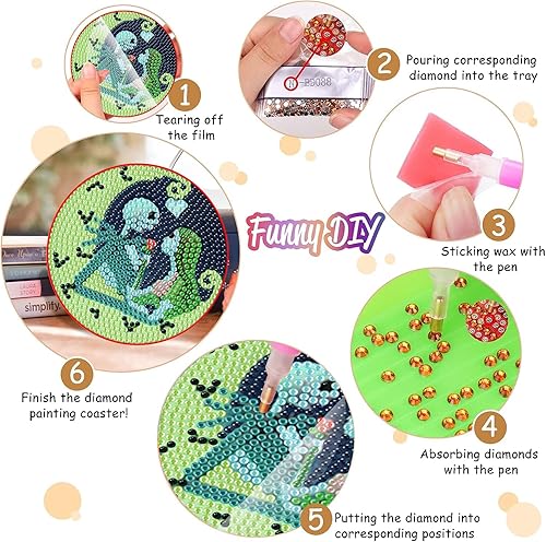 Miniatura 5 de Juego de 8 posavasos de pintura de diamantes de Halloween con soporte, kits de arte de diamantes de imitación 5D, kits de pintura de diamantes de
