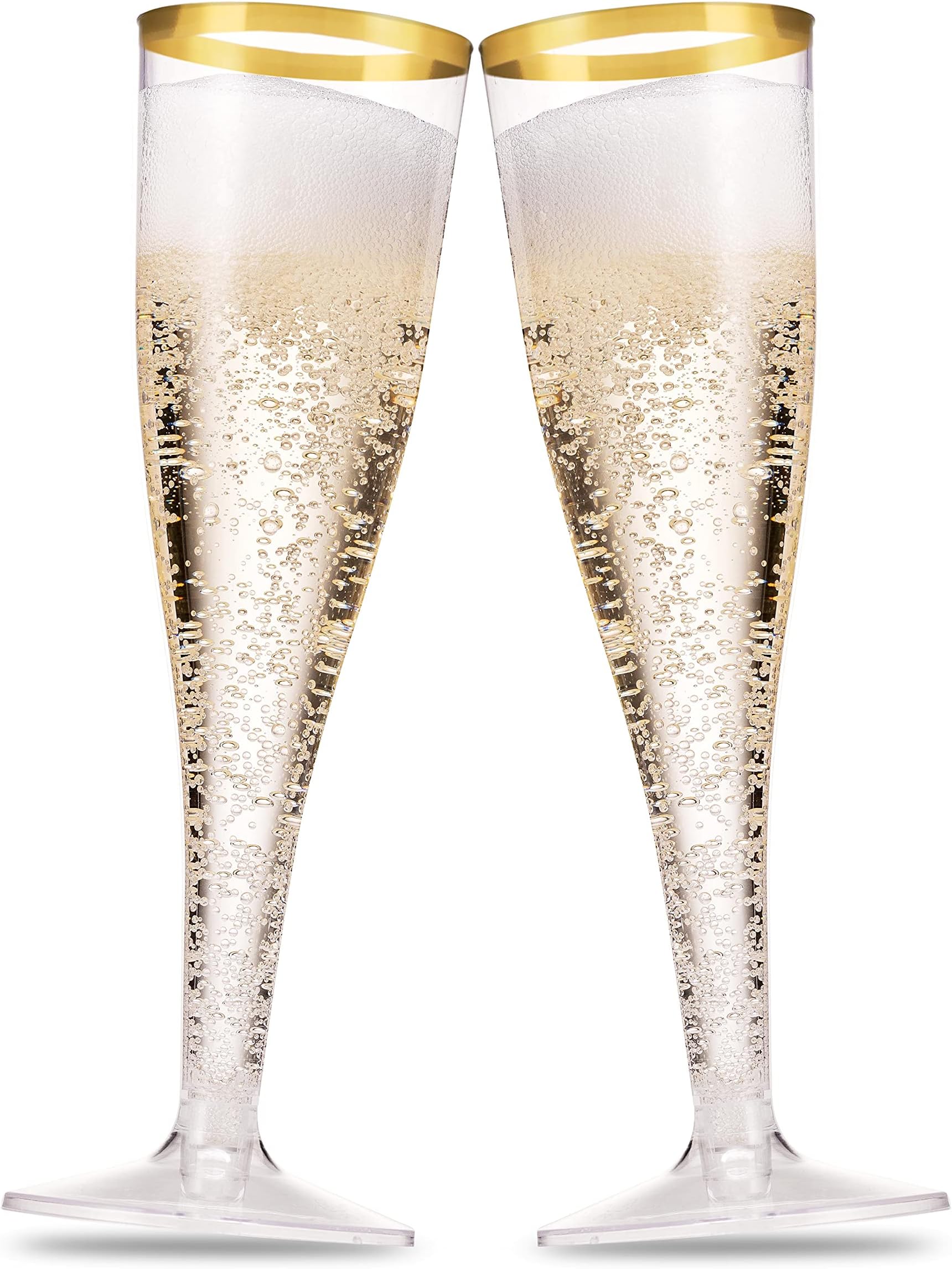Munfix 100 Pack Gold Plastic Champagne Flutes, 5 Oz Clear Plastic Toasting Glasses Fancy Disposable Wedding Party Cocktail Cups with Gold Rim