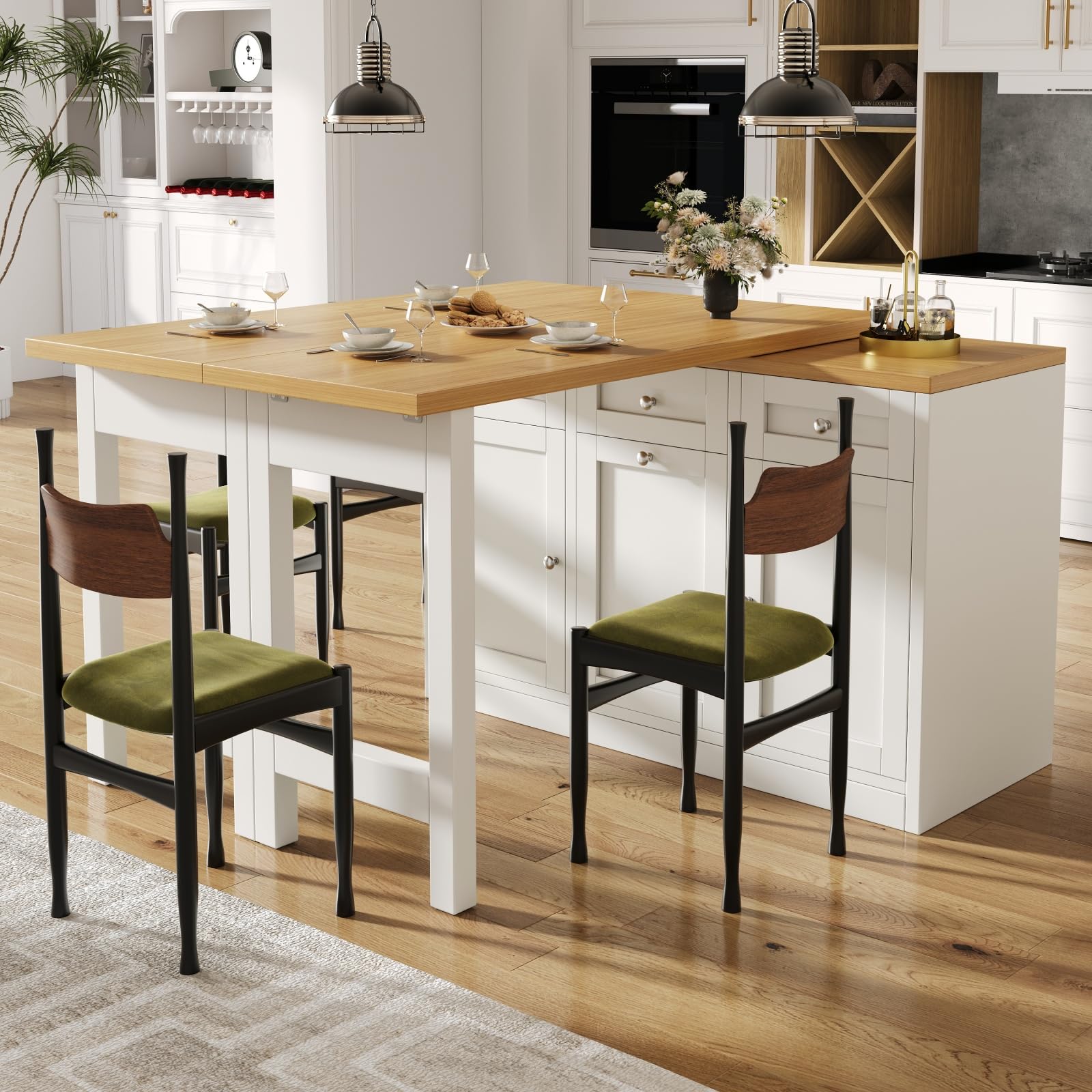 YEHTOKHOME Îlot Central Cuisine avec Rangement et Plan de Travail, Table à Manger Extensible 120-200 cm, 3 Tiroirs et 2 Portes, Étagère Snack, Support Poubelle, Table de Bar (A-Blanc)