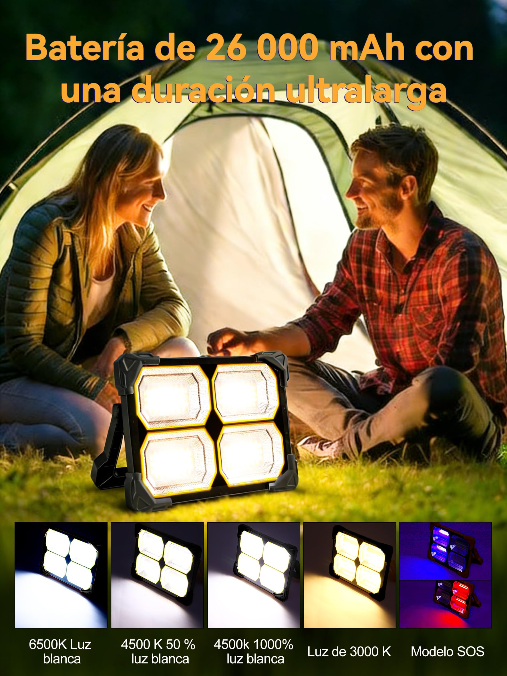 Foco Led Recargable 300W Linterna Solar Recargable 26000Ahm luz led recargable IP66 focos led exterior bombilla Recargable para Pesca,Construción,Garaje,Emergenc,Trabajo
