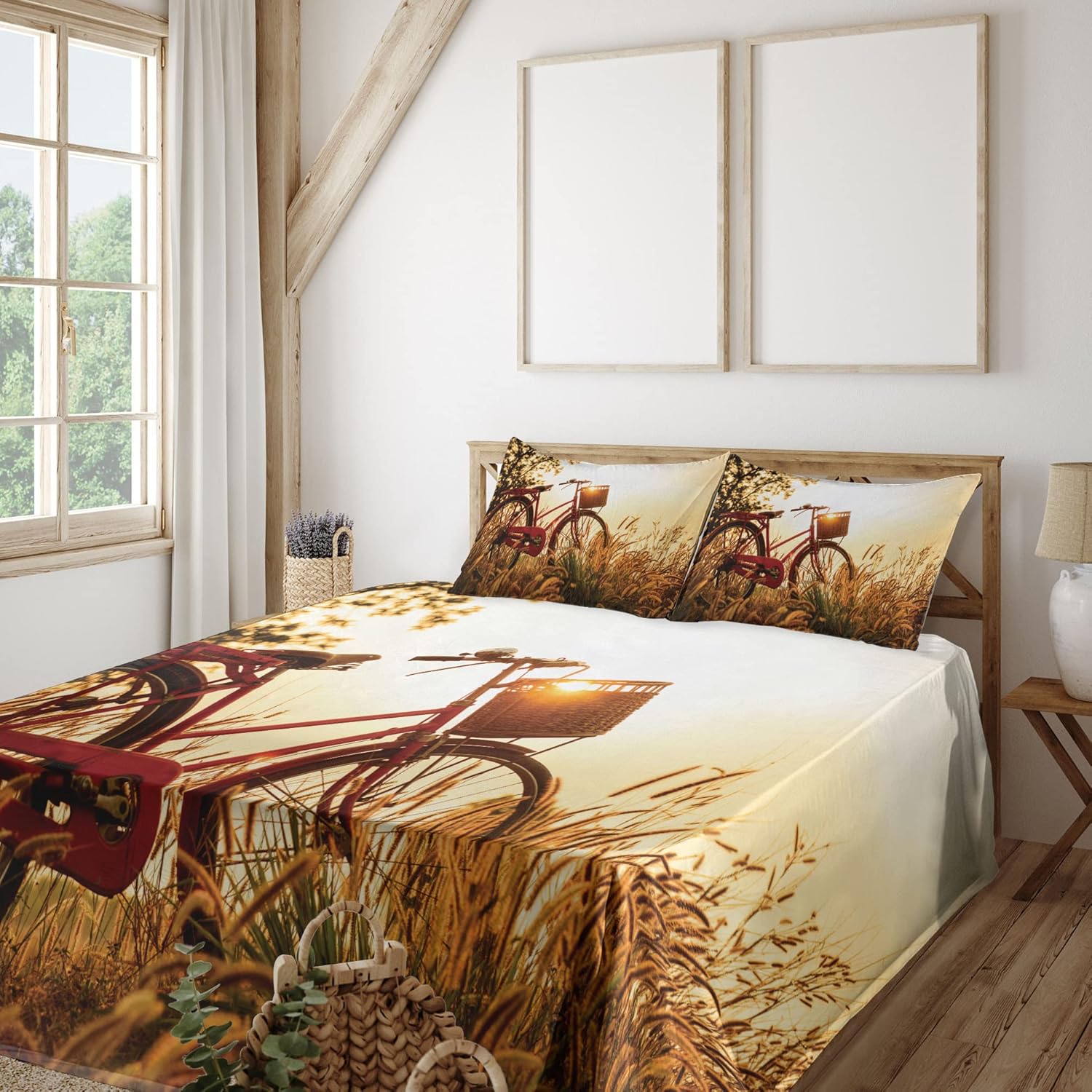 Ambesonne Bicycle Sheet Set, Classic Retro Style Bike in Sepia Tones Romantic Sunset Rural View Picture, Fitted and Flat Sheet with Pillowcases Bedding Accent 4 Piece Set, Queen, Red Orange Yellow