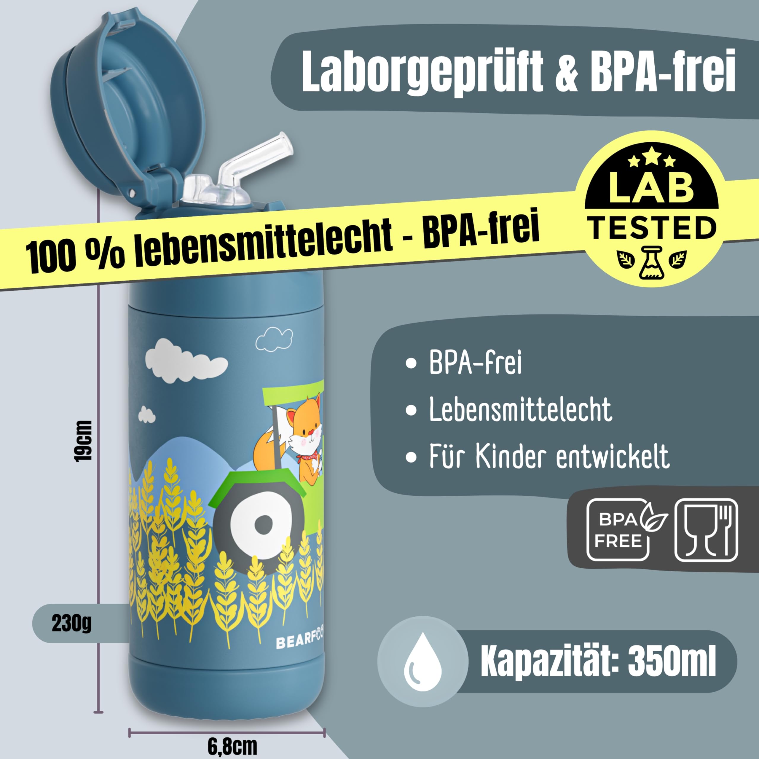 BEARFOOT Edelstahl Trinkflasche Kinder 350ml (Traktor Fuchs – Blau) | Thermo, vakuumisoliert, mit Tragegriff, auslaufsicher, BPA-frei, für Mädchen & Jungen