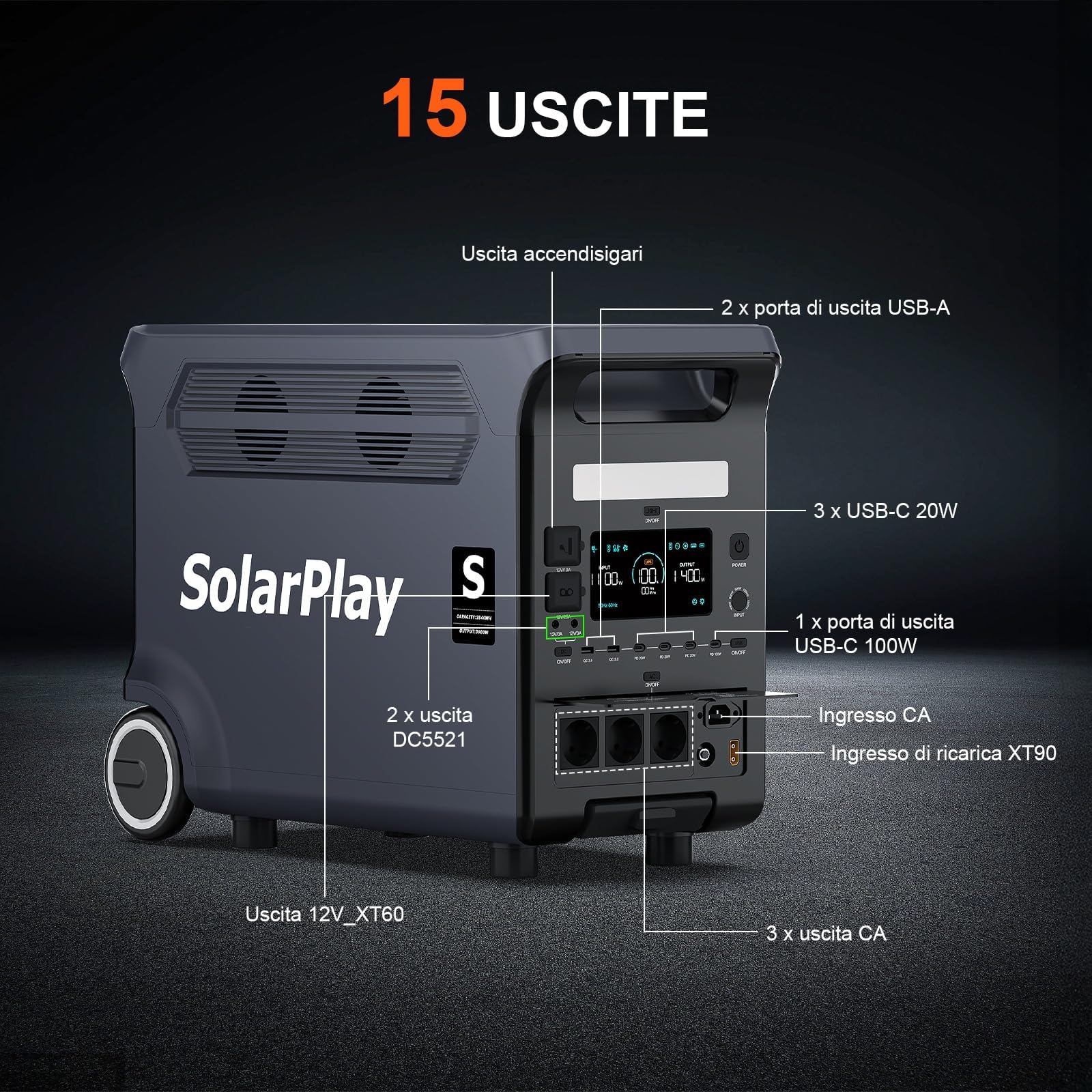 SolarPlay Q3600 Generatore Solare 3840Wh con 3x400W Pannelli Solari (1200W), Power Station 3600W (7200W Picco) LiFePO4, Ricarica Rapida 1.5h, Kit Backup Casa per Blackout, Camper e Outdoor