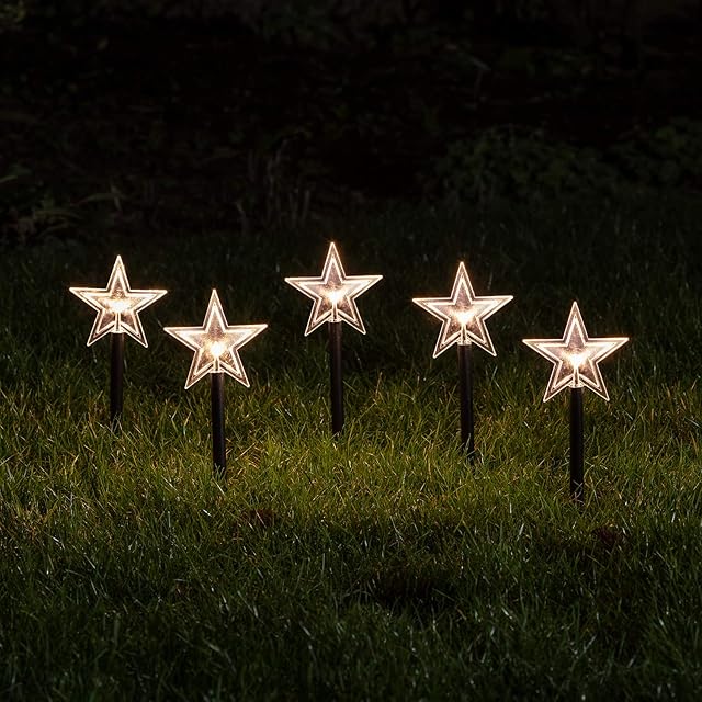 Lights4fun Set of 5 Christmas Star Garden Stake Lights Battery Outdoor Use with Timer 39cm