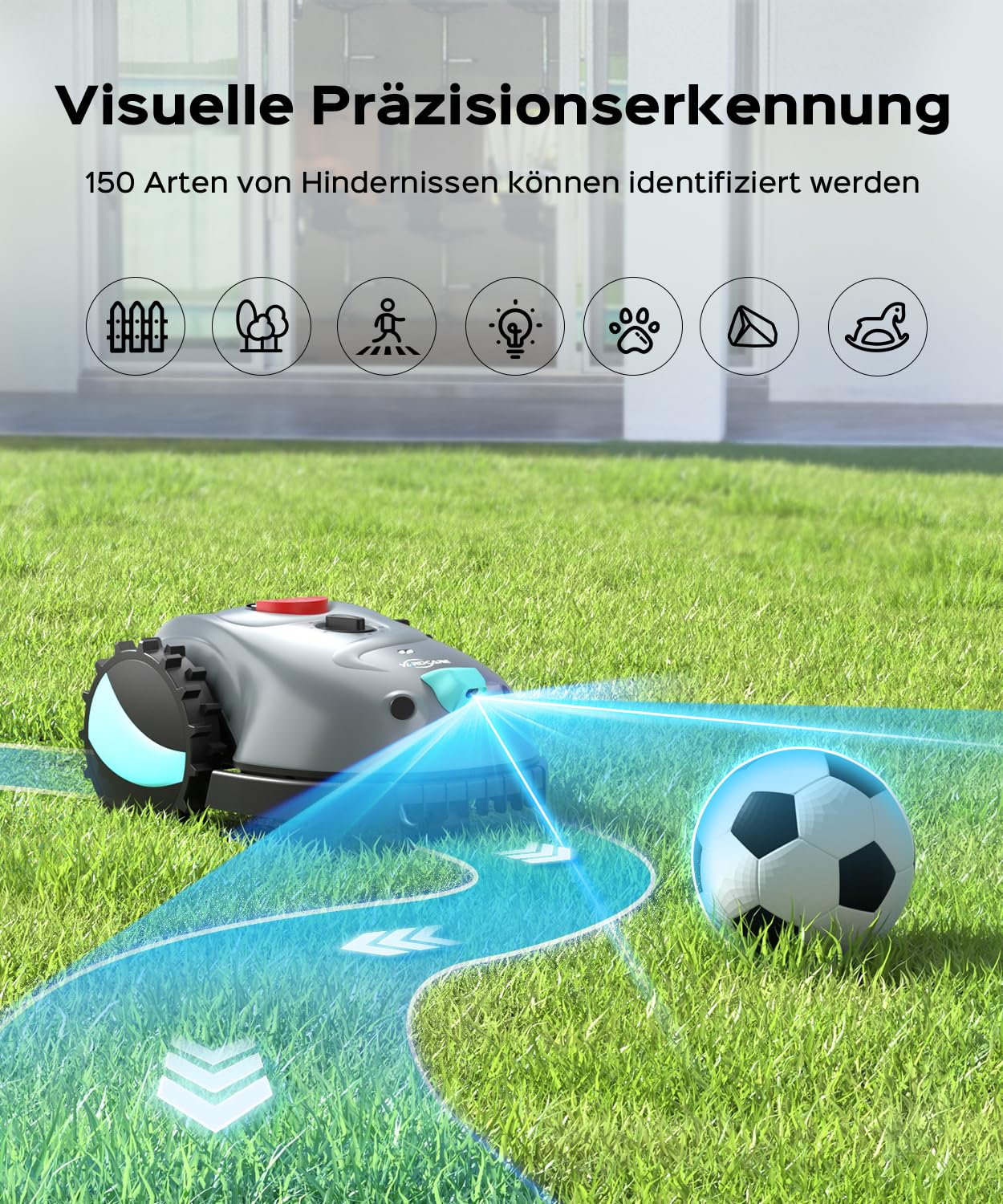 YARDCARE V100 Mähroboter ohne Begrenzungskabel Rasenroboter mit Kamera, Hindernisvermeidung, Vision Navigation, 4 Ah Akku Rasenmäher Roboter ohne Begrenzungsdraht 150㎡ mit Ersatzklingen, Spiralschnitt