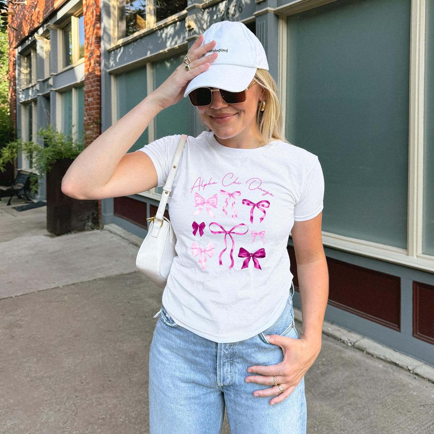 Sorority Coquette Bows Collage Baby Tee - Sorority Merch - White Fitted T-Shirt for Greek Life, College, University Events - Image 2