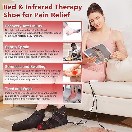 Miniatura 7 de ALDIOUS Luz roja e infrarroja para pies y tobillo, dispositivo de zapato de luz roja LED de 660 nm y 850 nm con modo de pulso, temperatura de 3